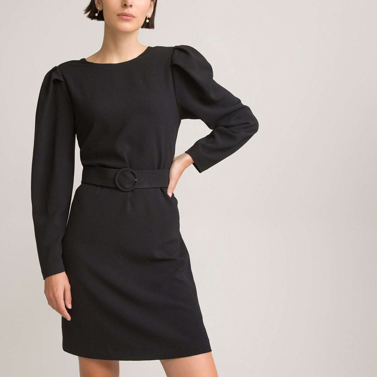 Платье LaRedoute Прямое короткое с круглым вырезом и длинными рукавами 52 черный, размер 52 - фото 1