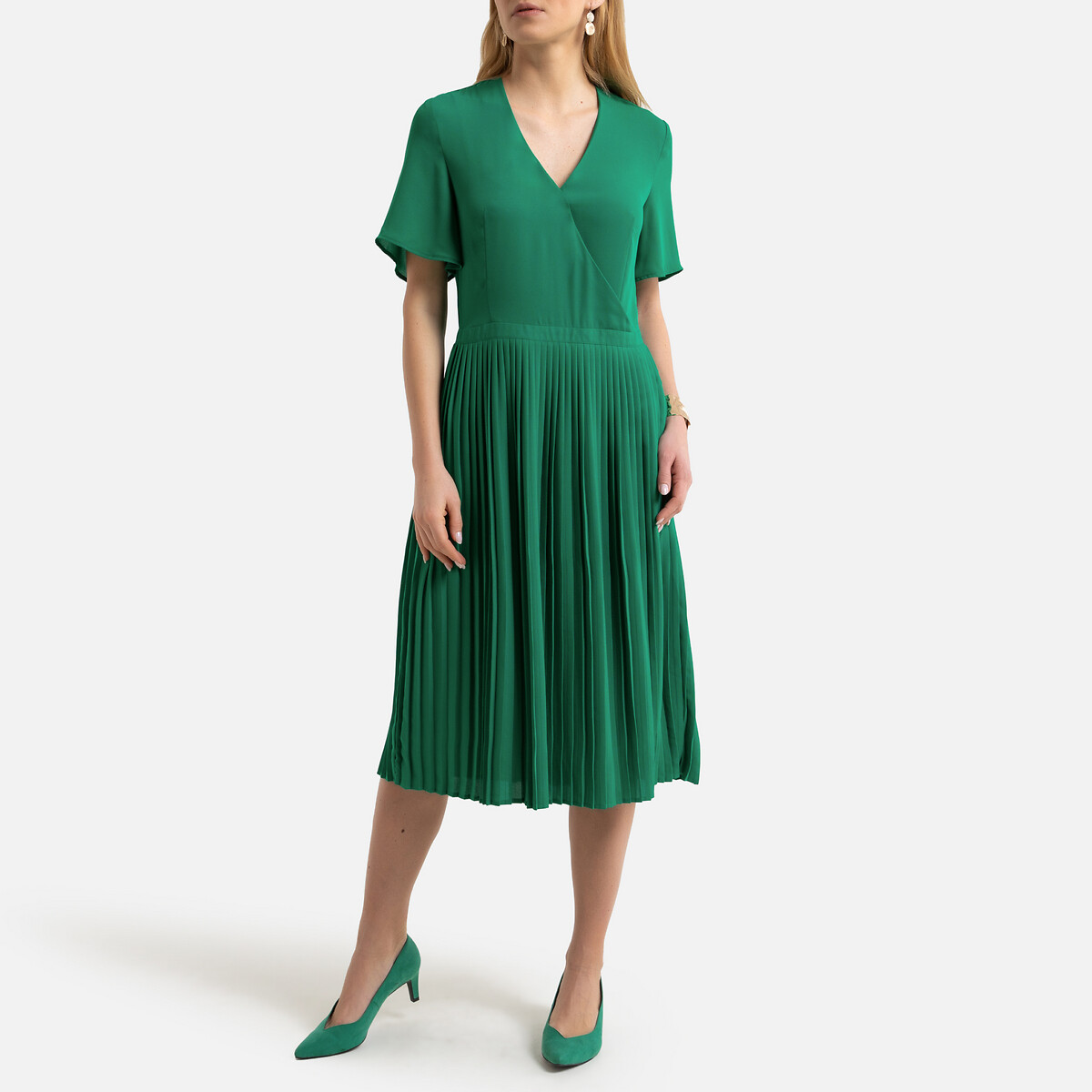 Платье-миди LaRedoute Плиссированное с короткими рукавами 38 (FR) - 44 (RUS) зеленый, размер 38 (FR) - 44 (RUS) Плиссированное с короткими рукавами 38 (FR) - 44 (RUS) зеленый - фото 2