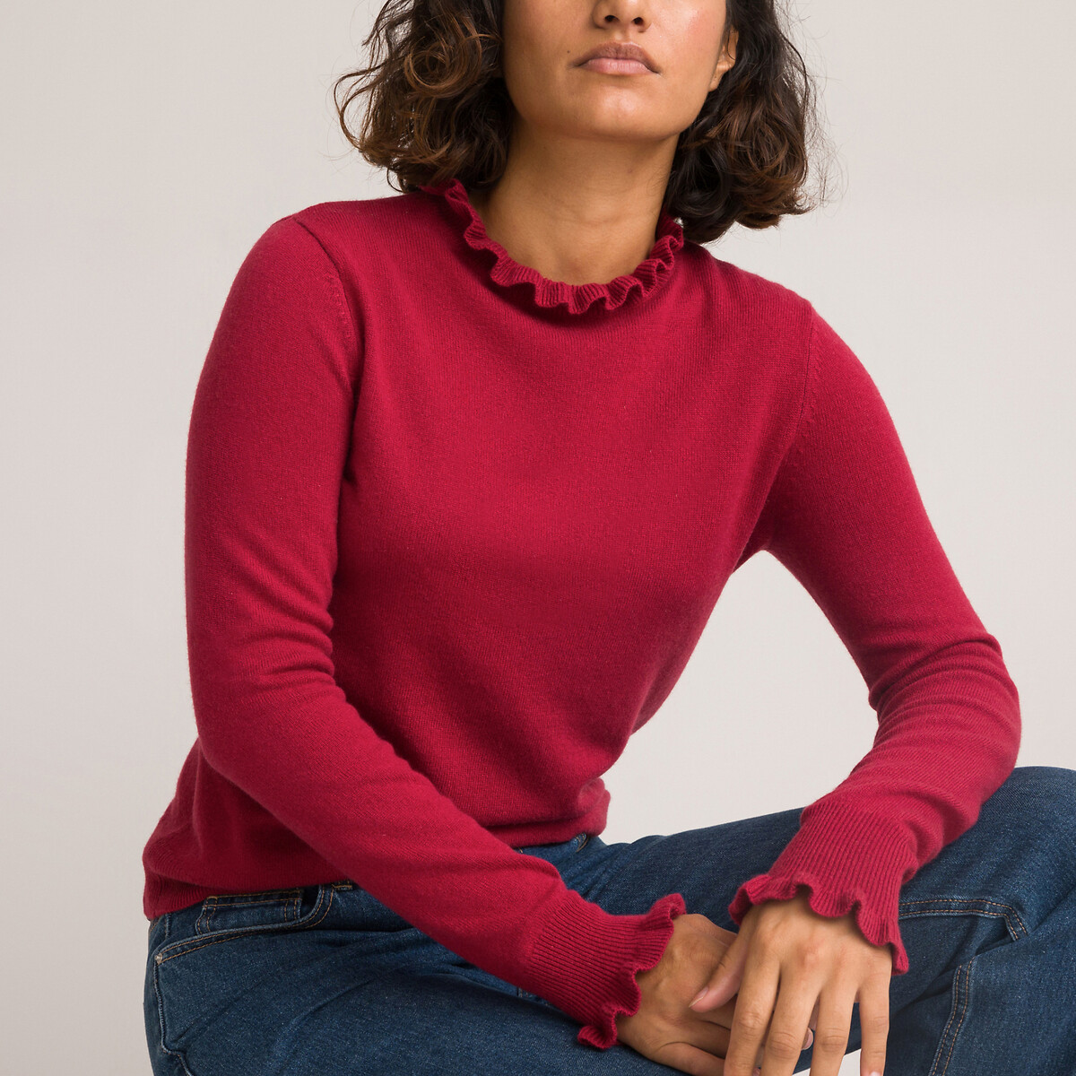 Пуловер С воротником-стойкой с воланом и длинными рукавами из кашемира M красный