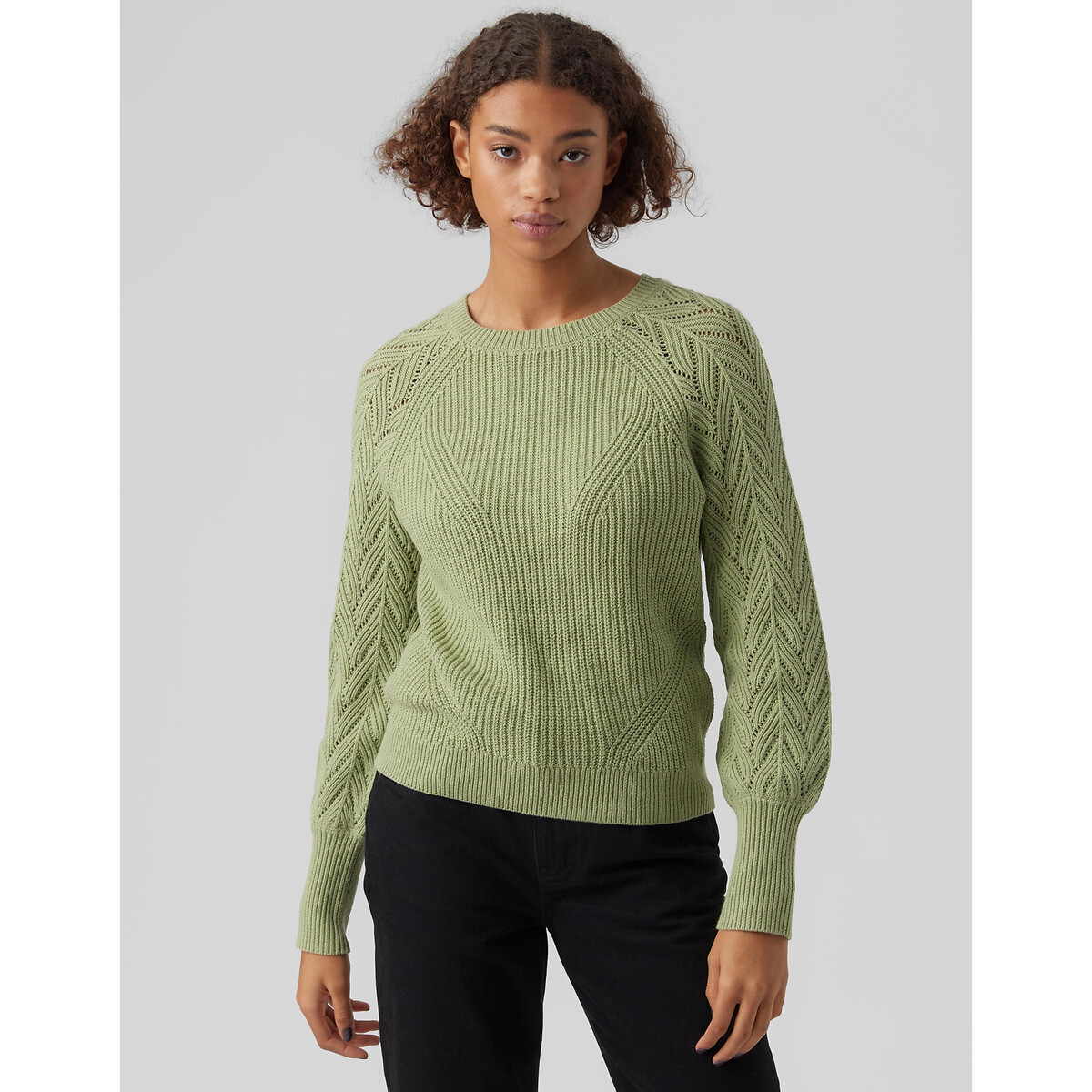 Пуловер С круглым вырезом рукава из ажурного трикотажа S зеленый LaRedoute, размер S - фото 2