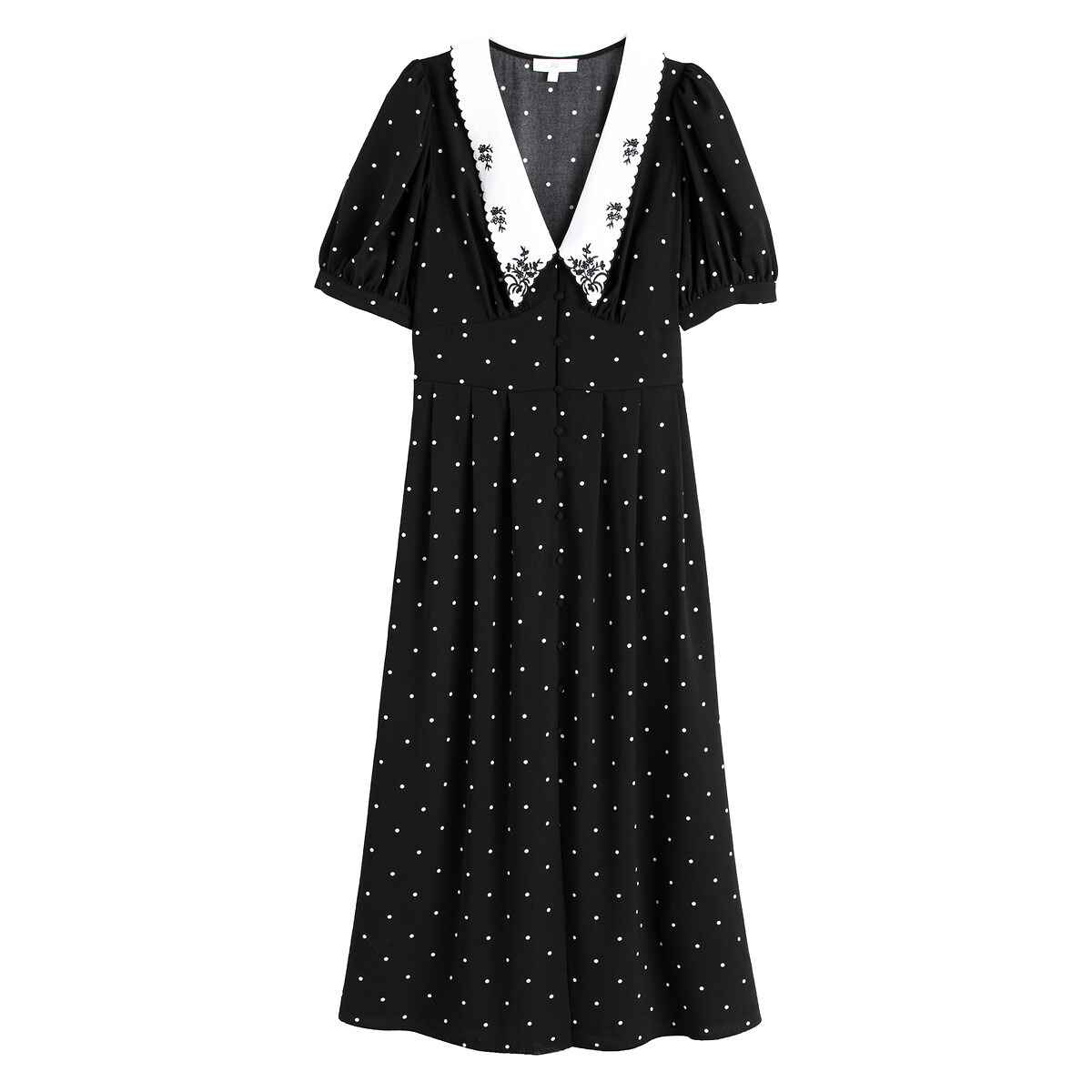 Длинное LA REDOUTE COLLECTIONS Длинное Платье в горошек с вышитым воротником в стиле Питер Пэн 44 черный, размер 44 - фото 5