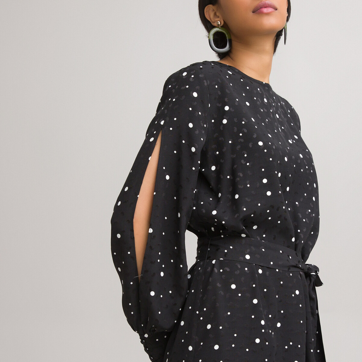 Платье LaRedoute Прямое круглый вырез с длинными рукавами в горошек 42 черный, размер 42 - фото 3