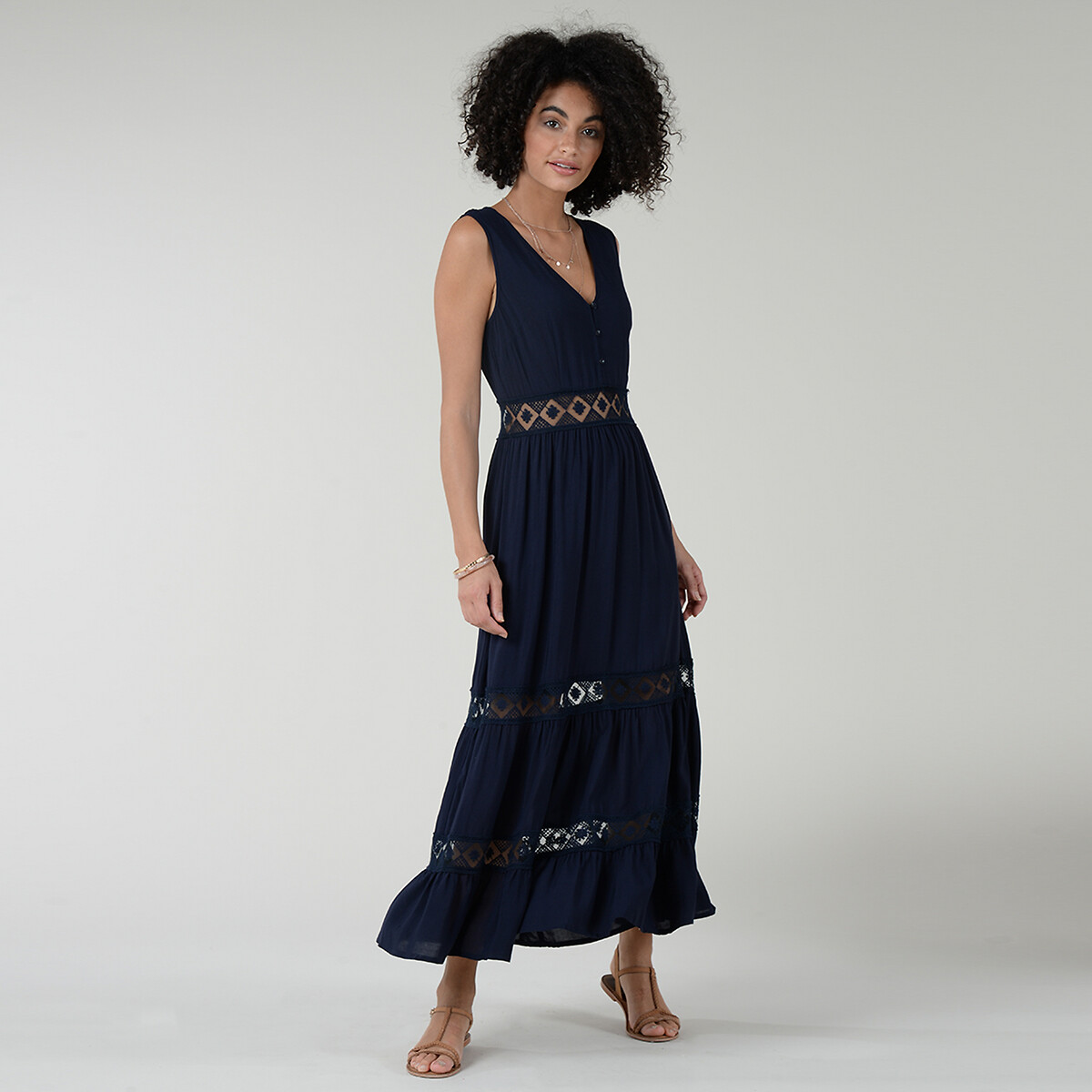 Платье LaRedoute Длинное V-образный вырез на пуговицах с ажурными деталями XS синий, размер XS - фото 2