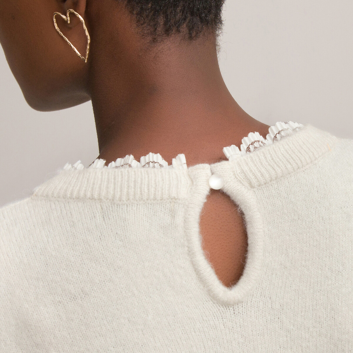 Пуловер LaRedoute 2 в 1 с кружевным вырезом из тонкого трикотажа M белый, размер M - фото 3