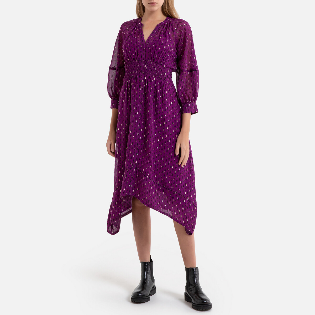 Платье LaRedoute С рисунком оборками и асимметричным низом CYANA 1(S) фиолетовый, размер 1(S) С рисунком оборками и асимметричным низом CYANA 1(S) фиолетовый - фото 2