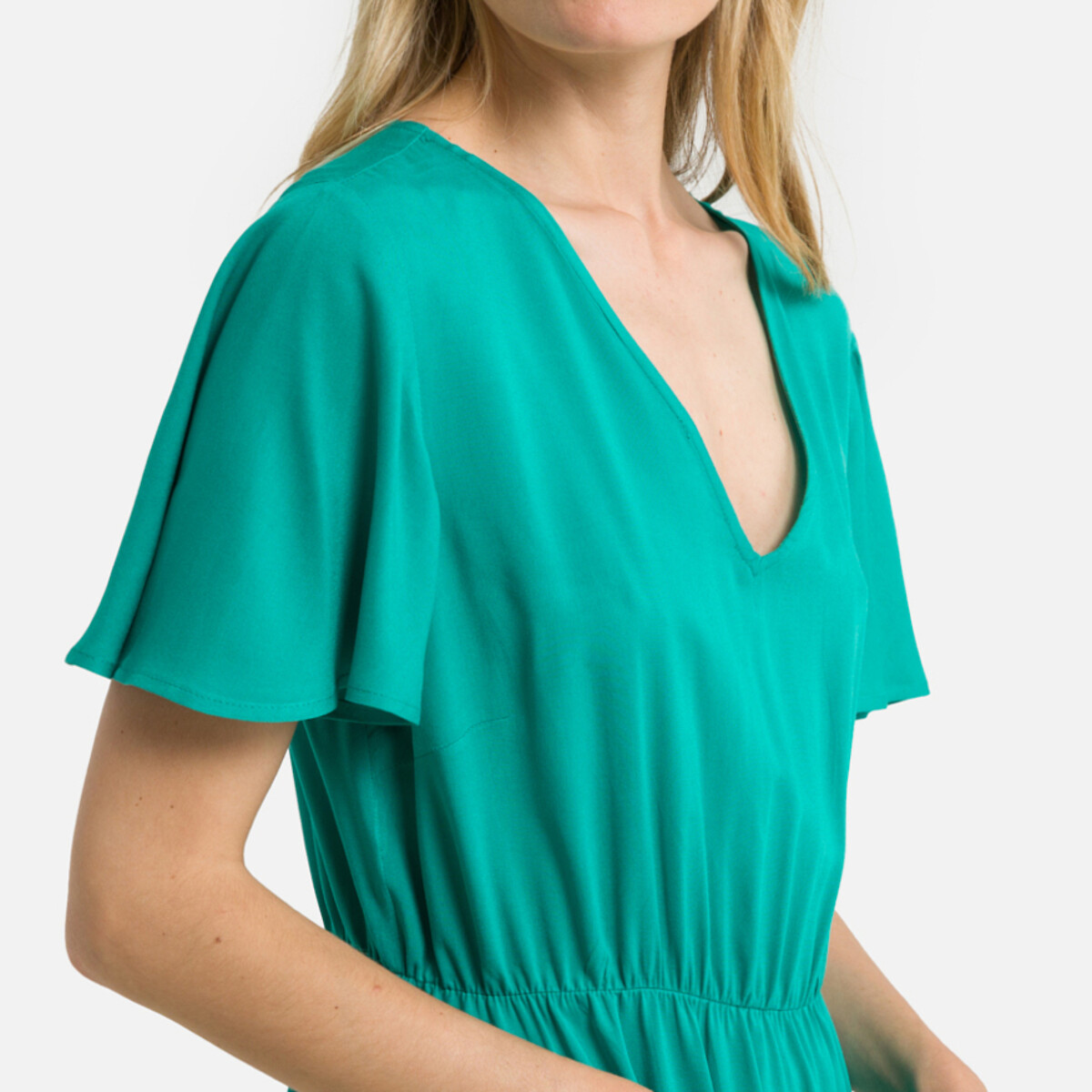 Платье Укороченное V-образный вырез короткие рукава 46 зеленый LaRedoute, размер 46 - фото 3