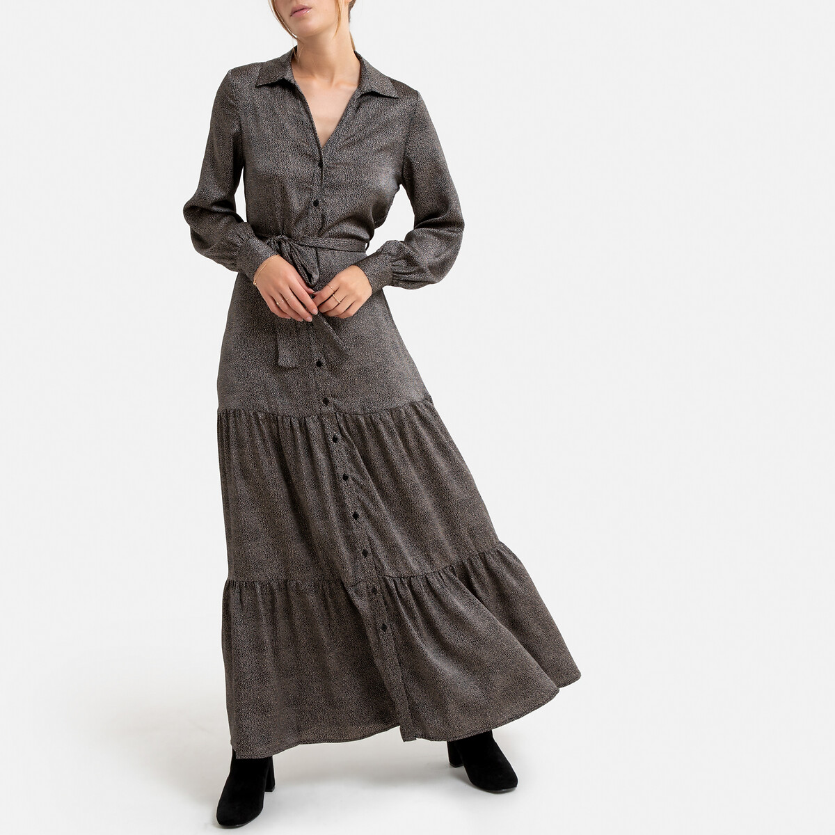 Платье LaRedoute Длинное на пуговицах ремешок и сборки M черный, размер M - фото 1