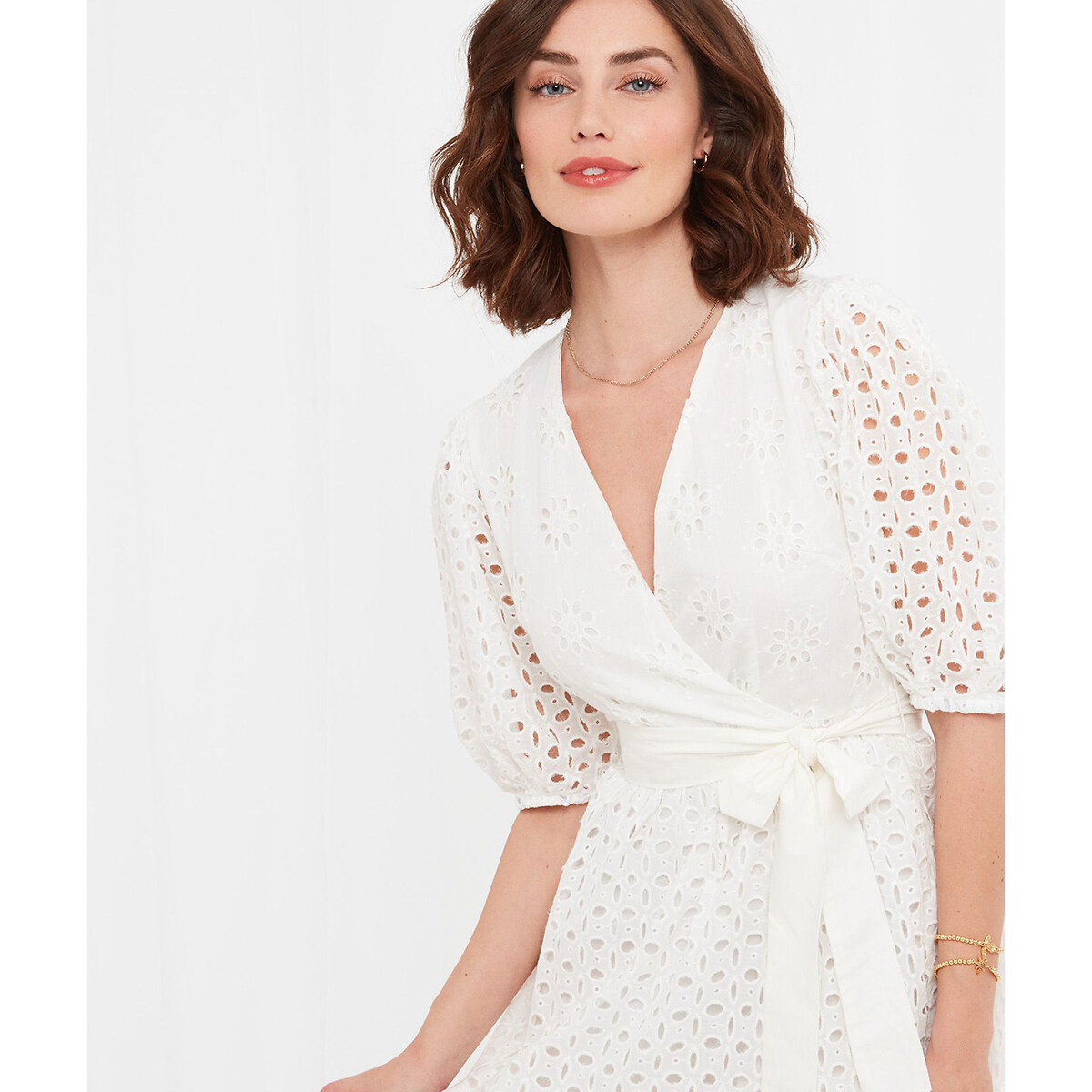 Платье-миди Вырез с запахом короткие рукава вышивка 50 белый LaRedoute, размер 50 - фото 2