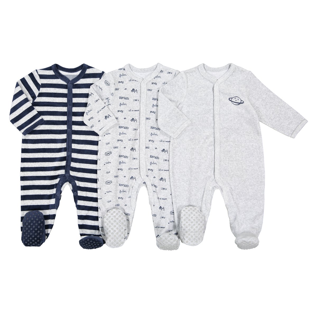 

Комплект из 3 пижам из велюра 0 - 2 лет, Серый + темно-синий