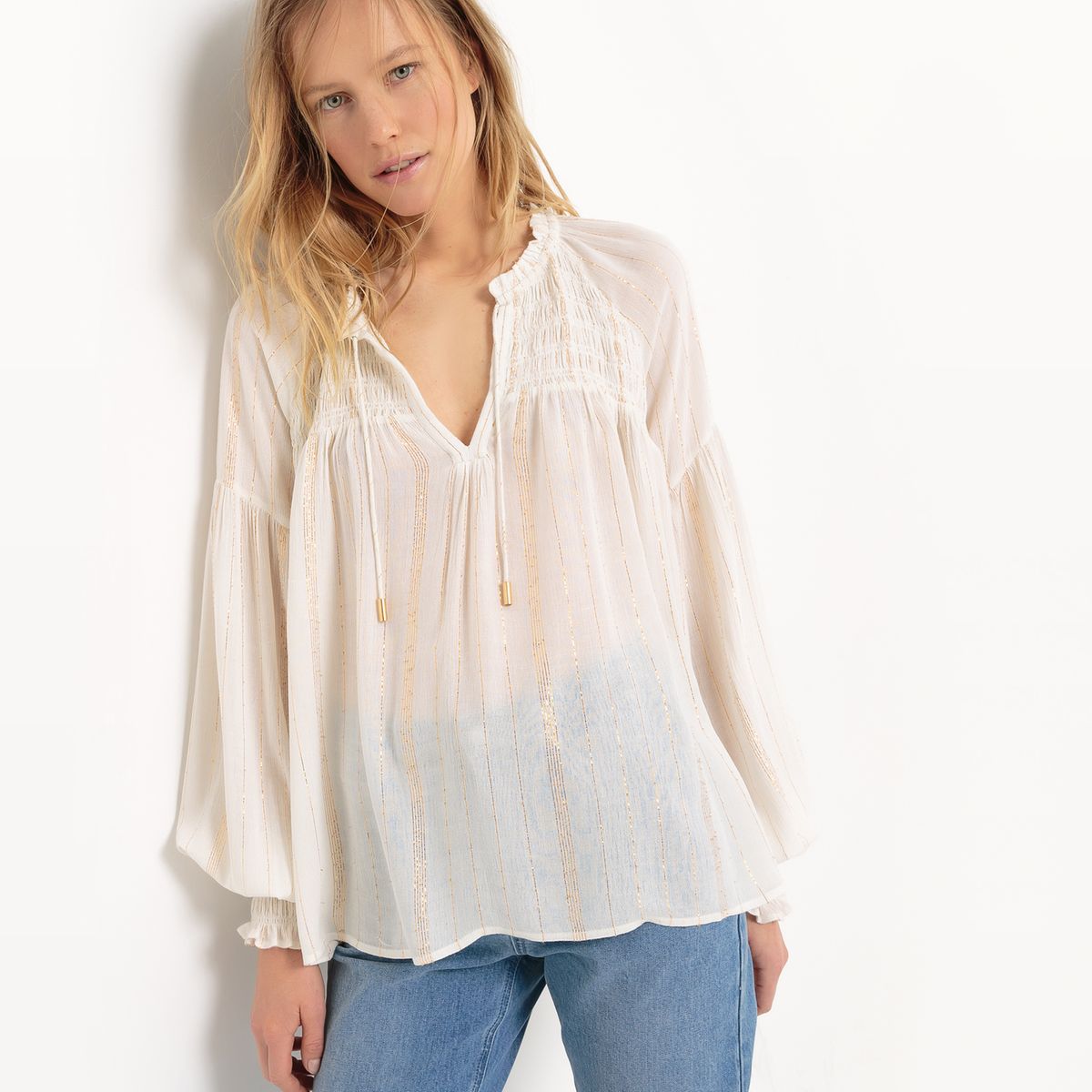 Blouse col rond uni, manches longues