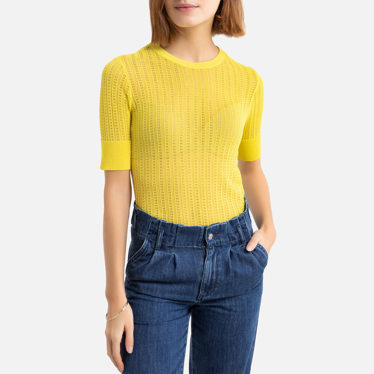 Пуловер La Redoute Из трикотажа пуантель с короткими рукавами XL желтый