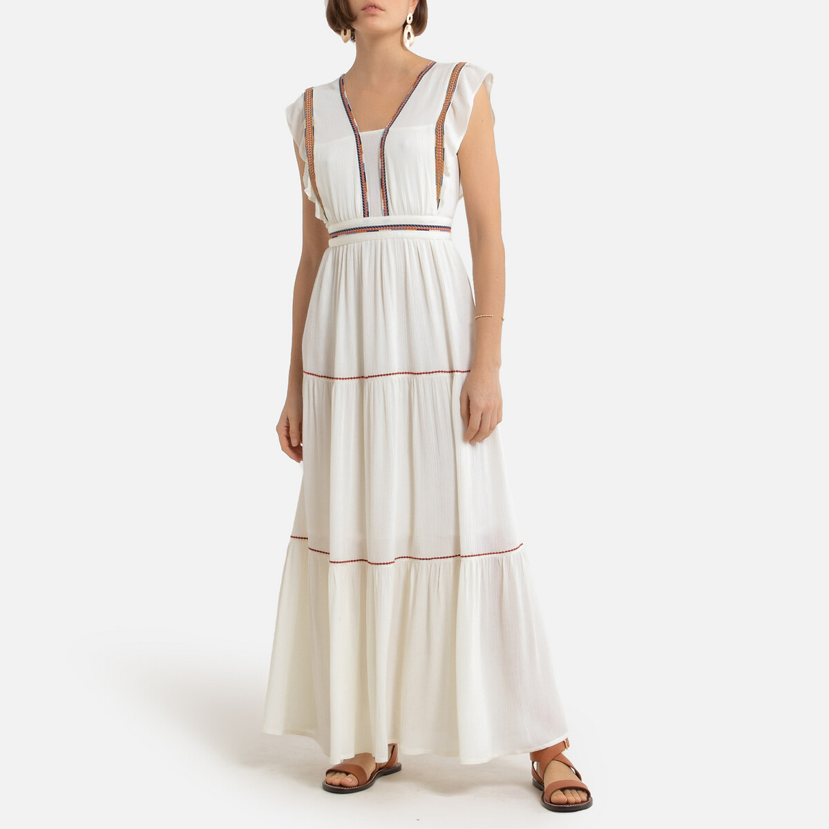 Платье LaRedoute Длинное V-образный вырез короткие рукава 3(L) белый, размер 3(L) Длинное V-образный вырез короткие рукава 3(L) белый - фото 1