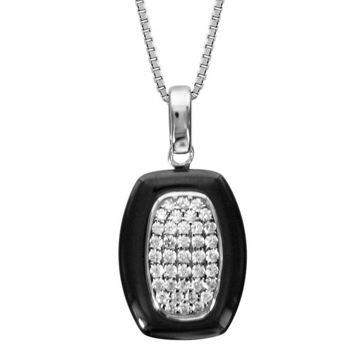 Collier Longueur Réglable: de 42 à 45 cm Pendentif Rectangle Arrondi Céramique Noire Blanc Argent 925