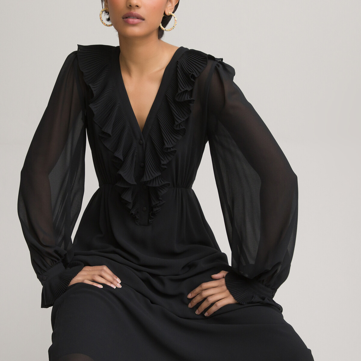 Платье LaRedoute Длинное с V-образным вырезом длинные рукава 46 черный, размер 46 - фото 1