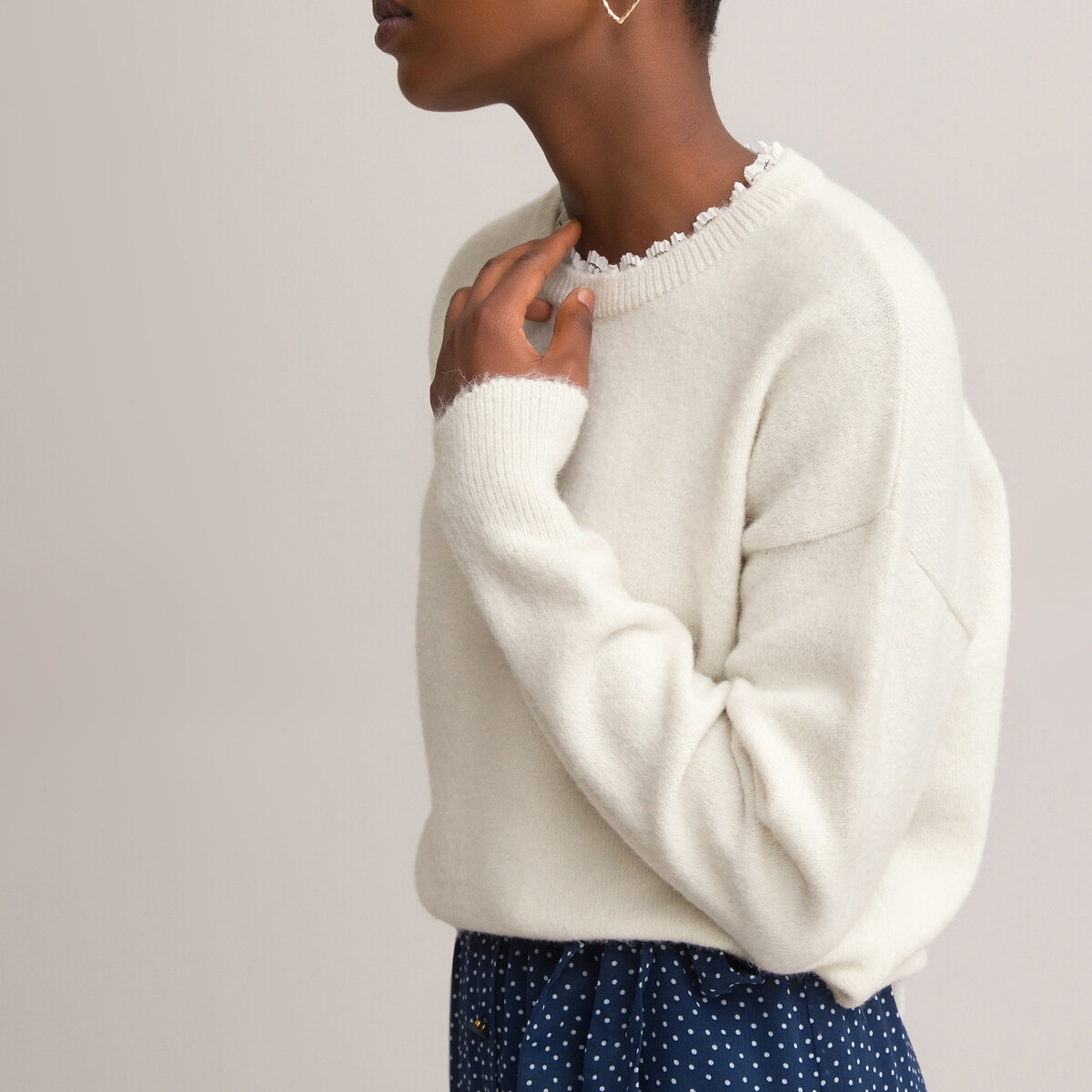 Пуловер LaRedoute 2 в 1 с кружевным вырезом из тонкого трикотажа M белый, размер M - фото 1