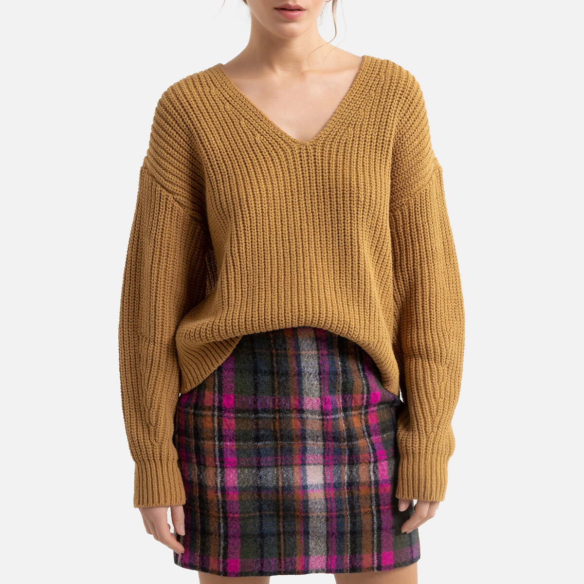 Пуловер La Redoute С V-образным вырезом из плотного трикотажа XS каштановый, размер XS - фото 1