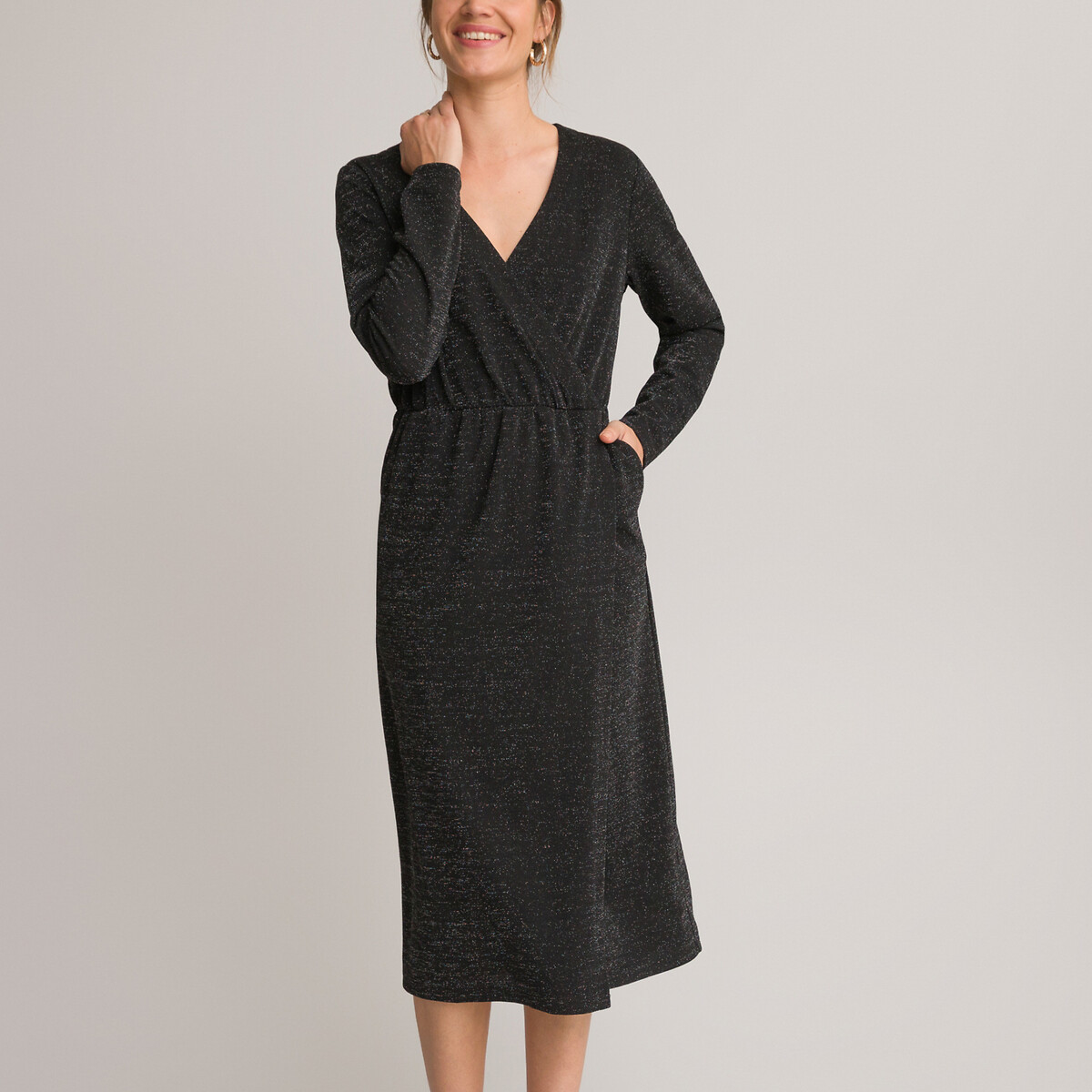 Платье-миди С запахом длинные рукава 54 черный LaRedoute, размер 54 - фото 2