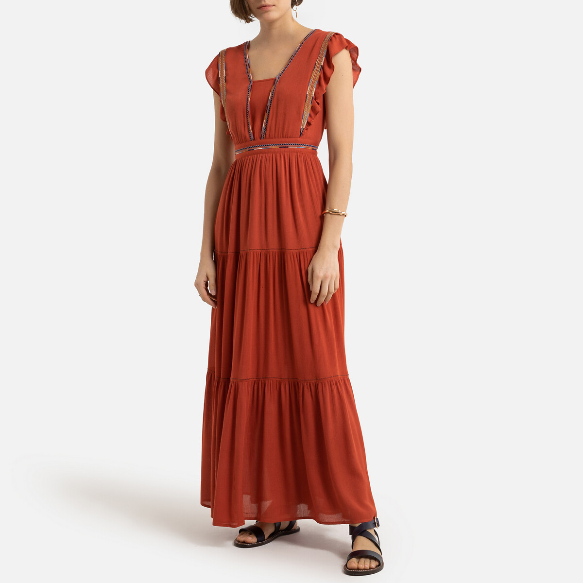 Платье LaRedoute Длинное V-образный вырез короткие рукава 0(XS) оранжевый, размер 0(XS) Длинное V-образный вырез короткие рукава 0(XS) оранжевый - фото 1