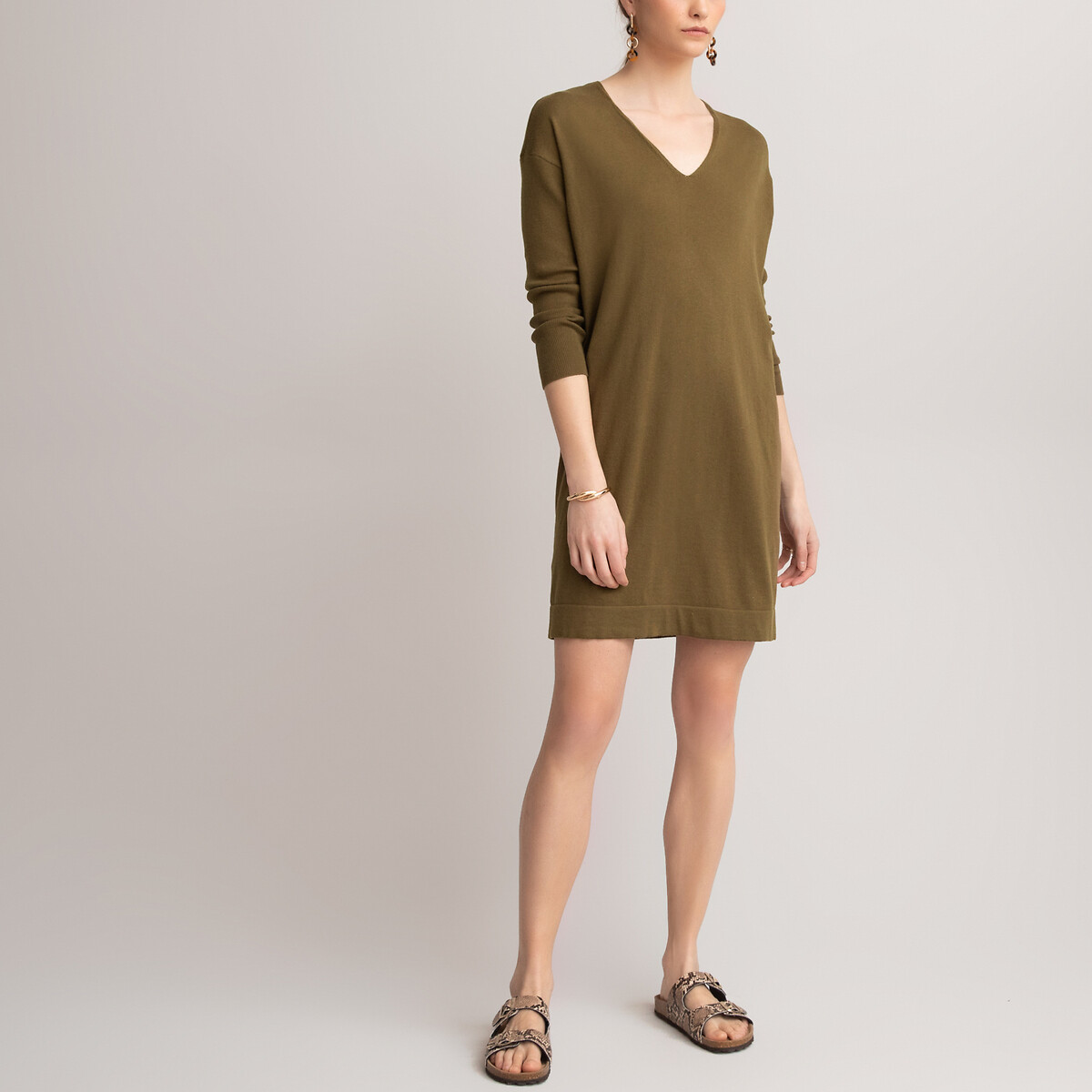 Платье-пуловер La Redoute Короткое V-образный вырез и длинные рукава из трикотажа L зеленый, размер L - фото 1