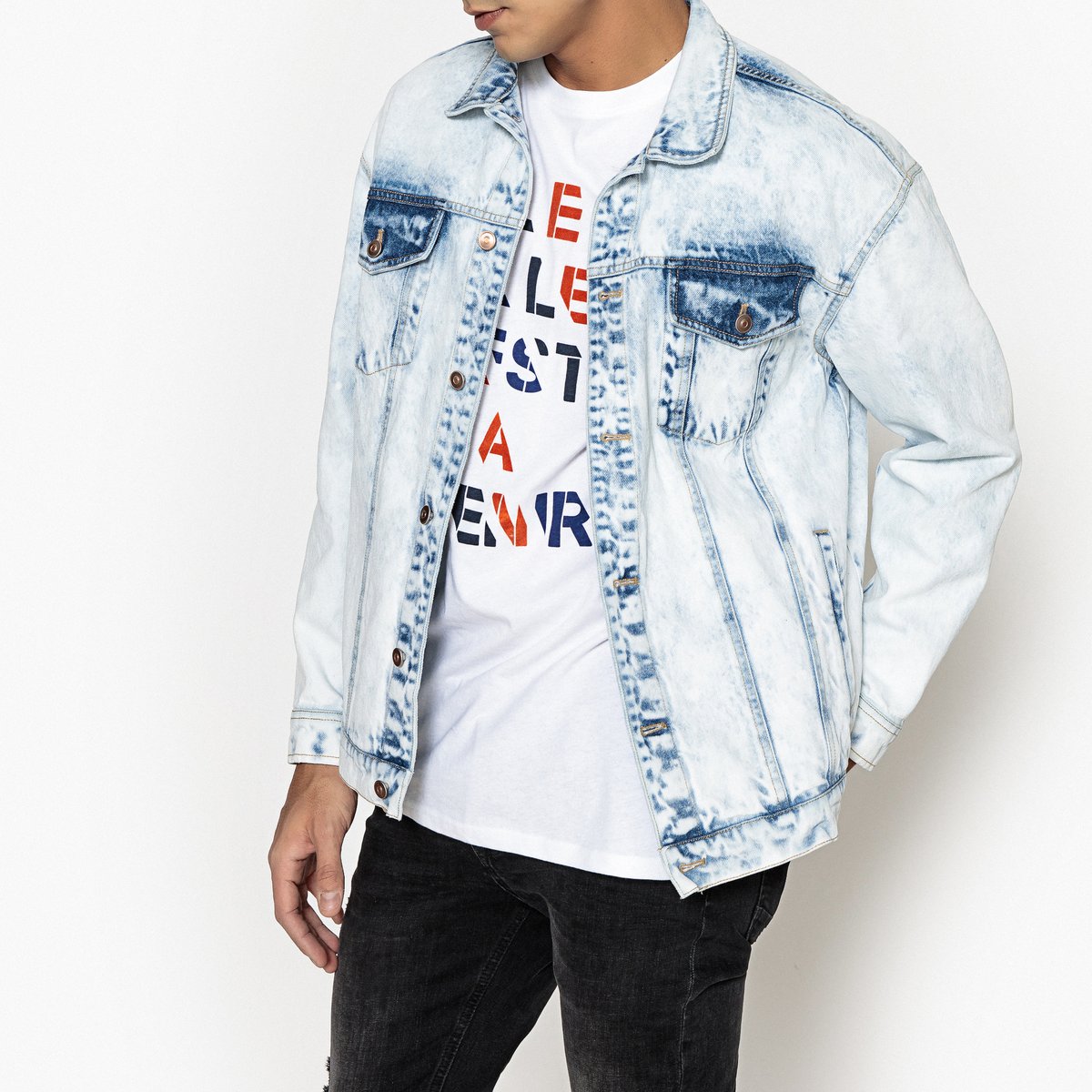 Oversized Denim Jacket with Print on Back from La Redoute