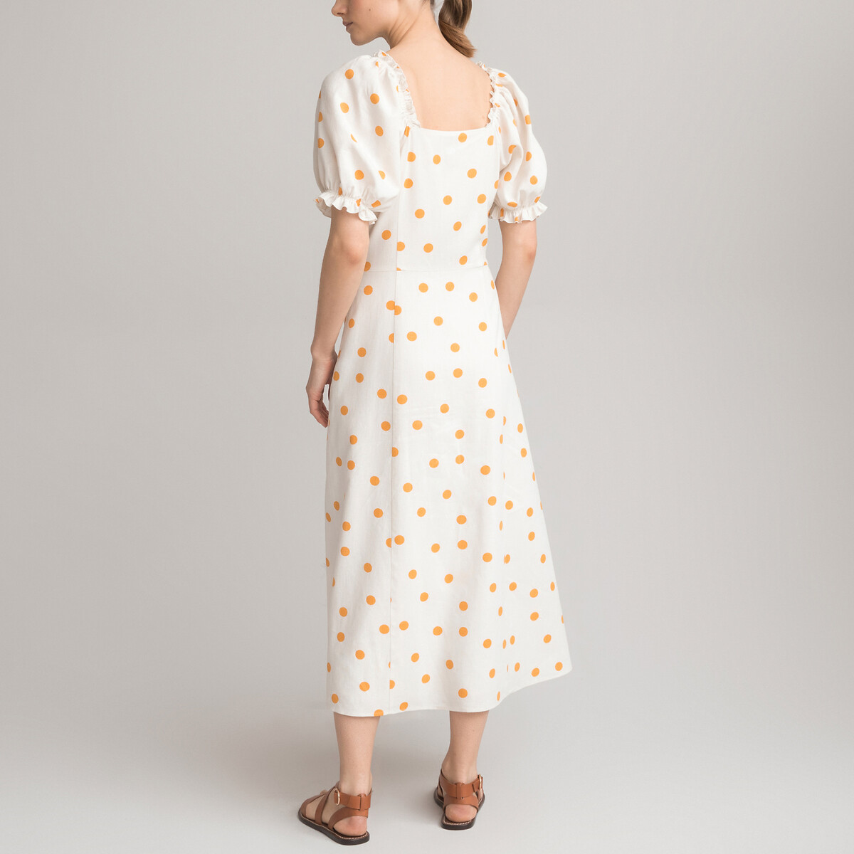 Платье LA REDOUTE COLLECTIONS Длинное в горошек с квадратным вырезом короткие рукава 40 желтый, размер 40 - фото 4