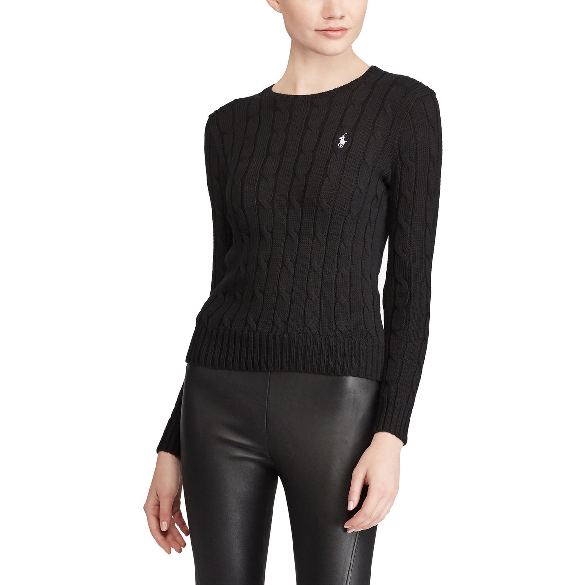 Пуловер LaRedoute С круглым вырезом из тонкого трикотажа с узором косы из хлопка XS черный, размер XS - фото 1