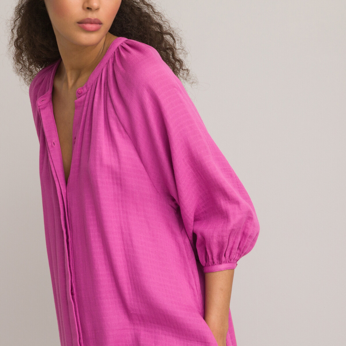 Платье Длинное из хлопчатобумажной газовой ткани с длинными рукавами 52 розовый LaRedoute, размер 52 - фото 3