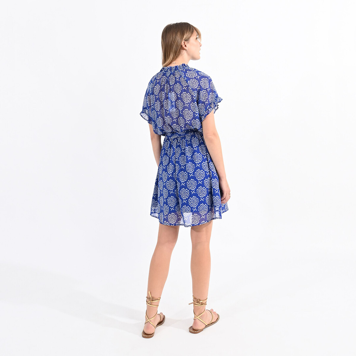 Платье короткое с принтом и поясом  XS синий LaRedoute, размер XS - фото 4