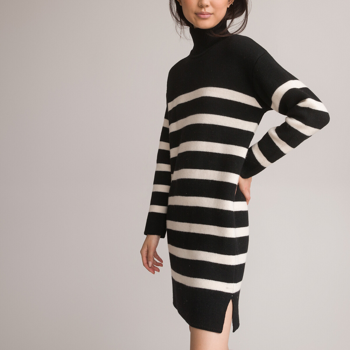 Платье-пуловер Короткое в полоску длинные рукава XS черный LaRedoute, размер XS - фото 1