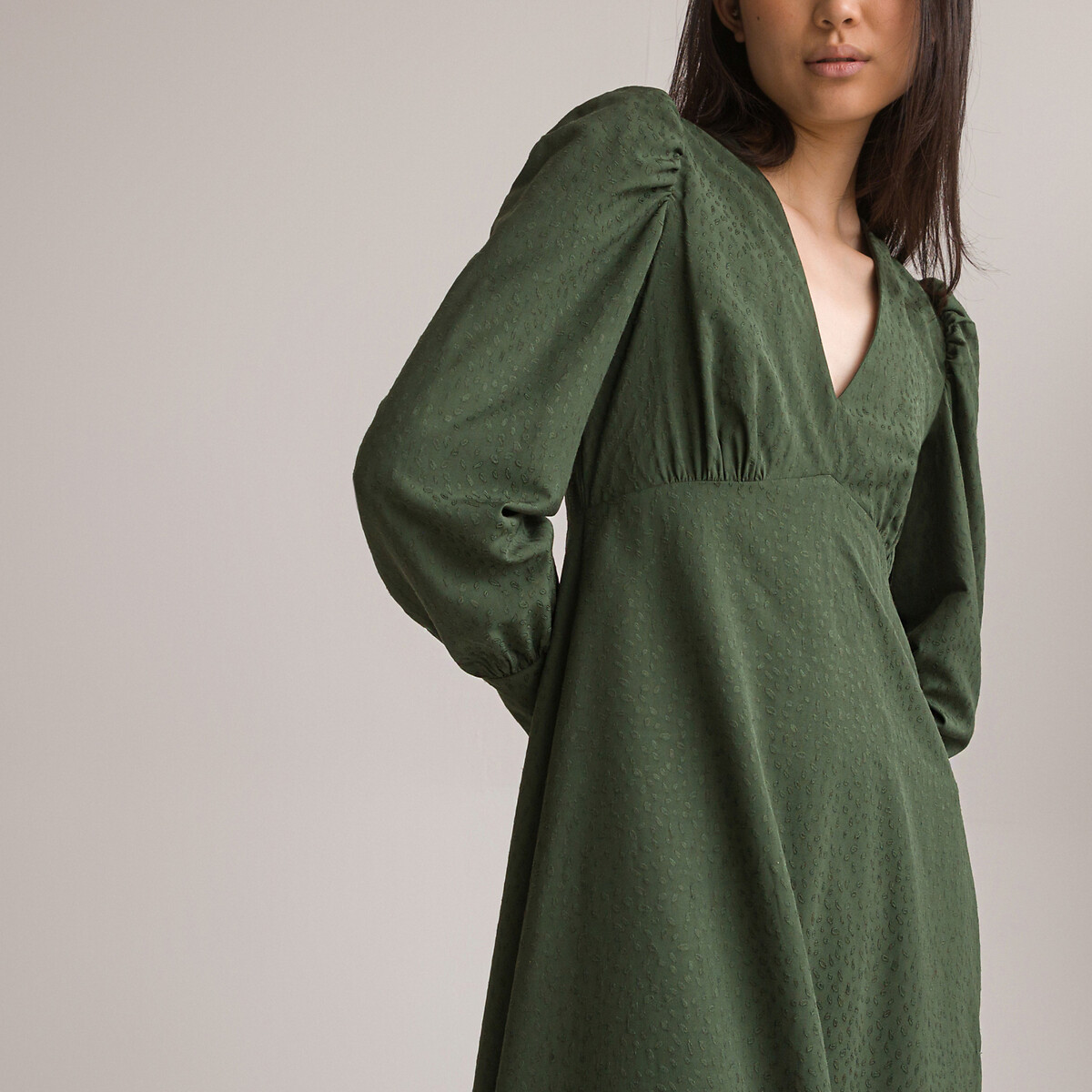 Платье С V-образным вырезом с длинными рукавами жаккардовая ткань 40 зеленый LaRedoute, размер 40 - фото 2