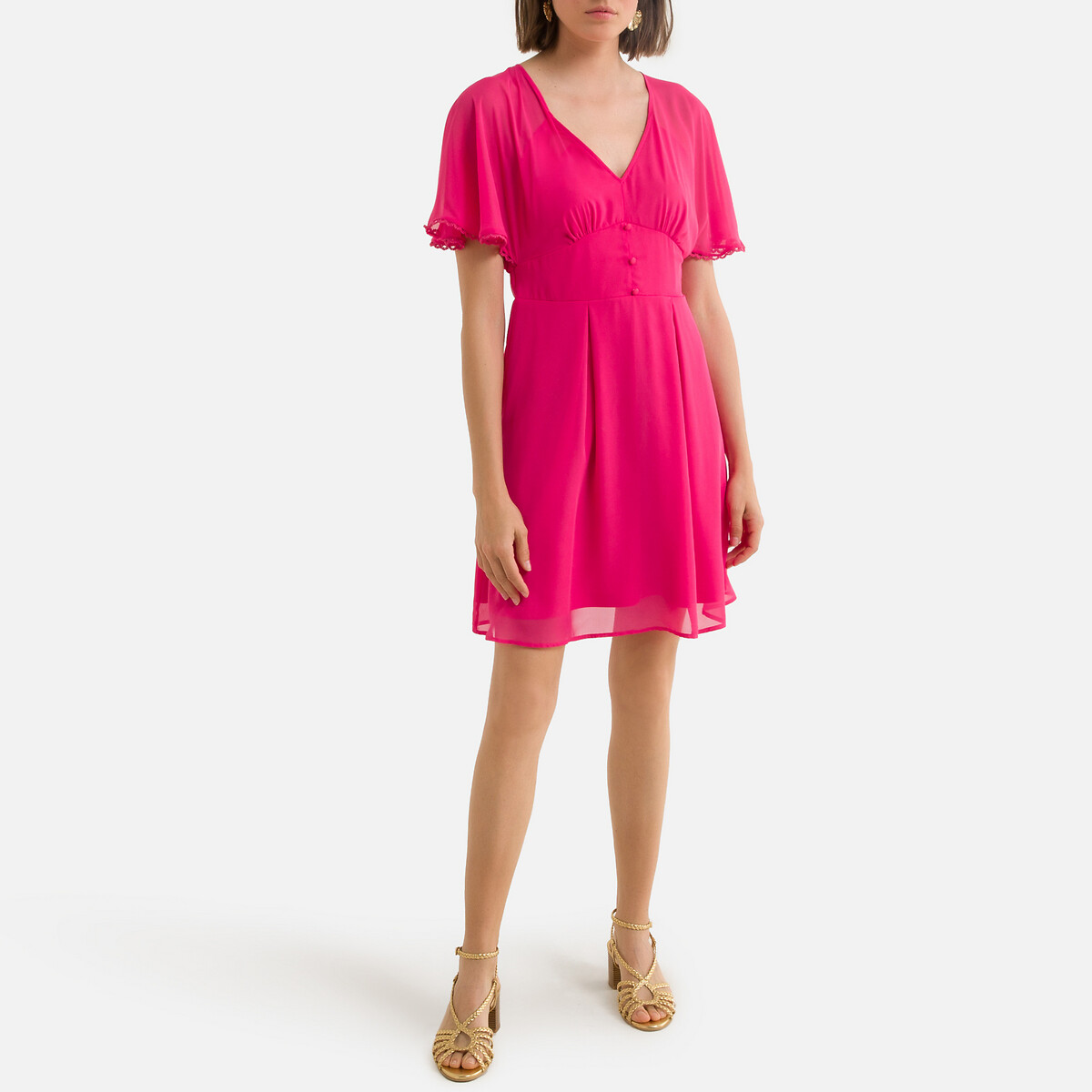 Платье LaRedoute Короткое с короткими рукавами V-образный вырез 42 розовый, размер 42 - фото 2