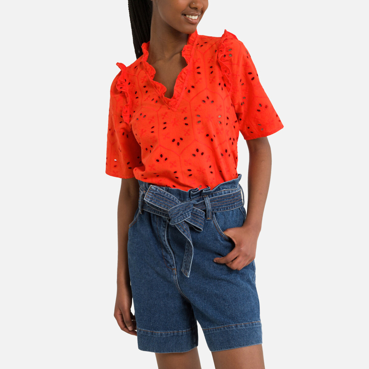 Блузка С V-образным вырезом и английской вышивкой S оранжевый