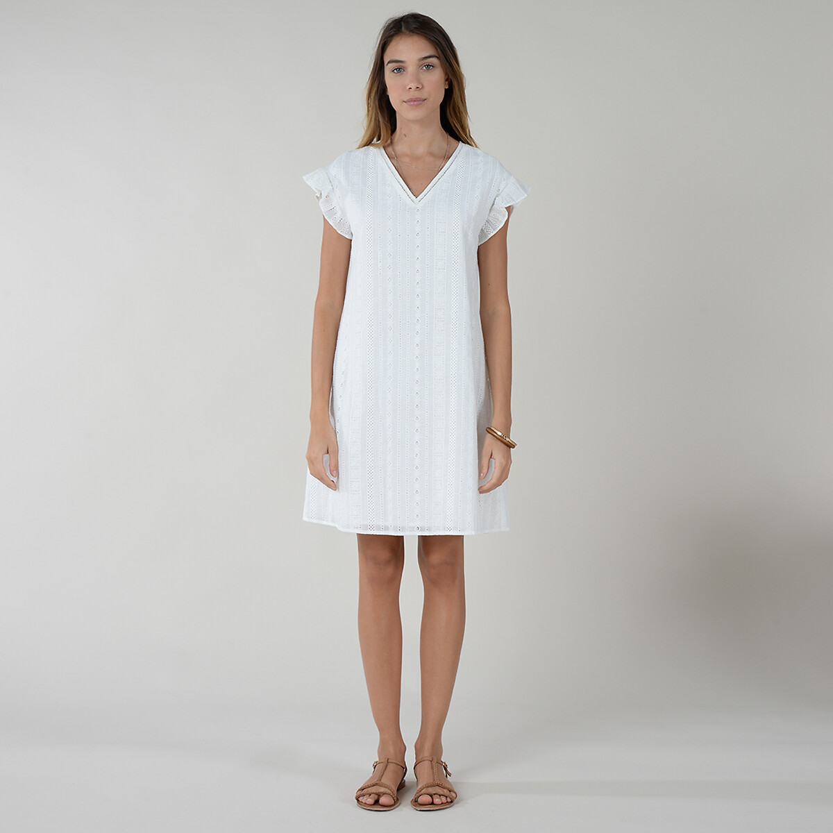 Платье LaRedoute С глубоким V-образным вырезом без рукавов укороченное из хлопка с вышивкой XS белый, размер XS - фото 2