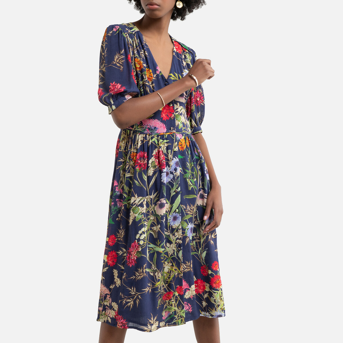 Платье LaRedoute С цветочным принтом и V-образным вырезом Serenade S синий, размер S - фото 1