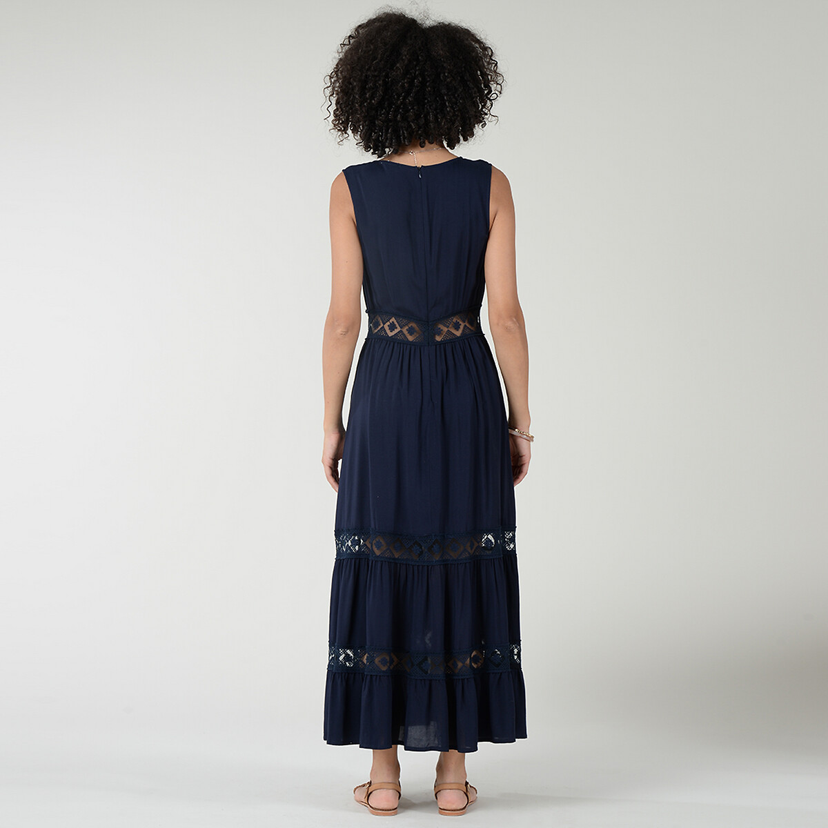 Платье LaRedoute Длинное V-образный вырез на пуговицах с ажурными деталями XS синий, размер XS - фото 3