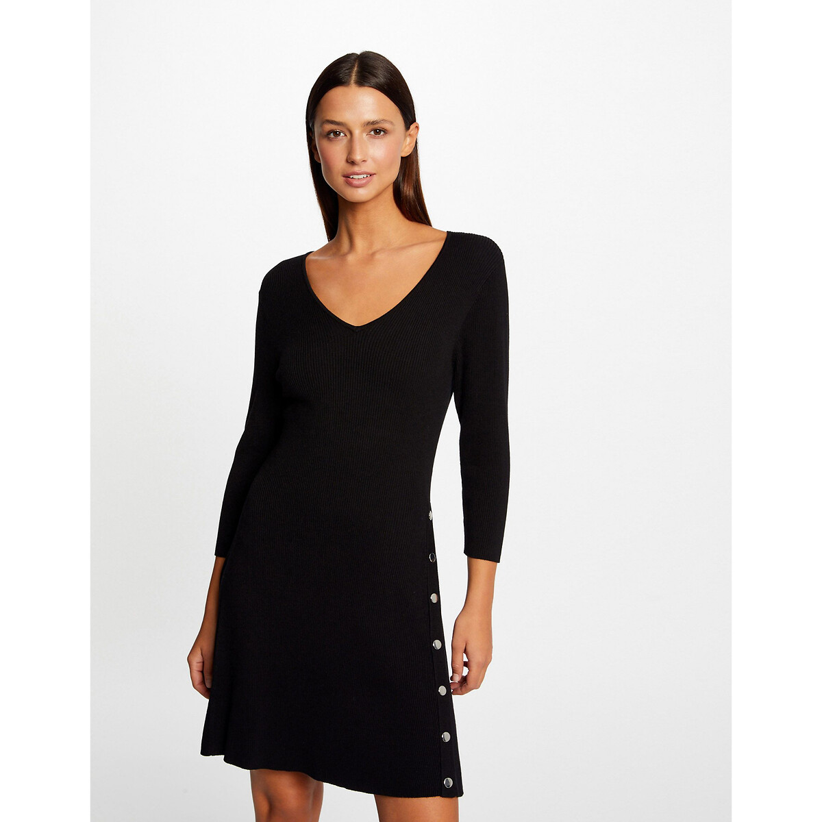 Платье-пуловер В форме трапеции вставки с пуговицами XS черный LaRedoute, размер XS - фото 1