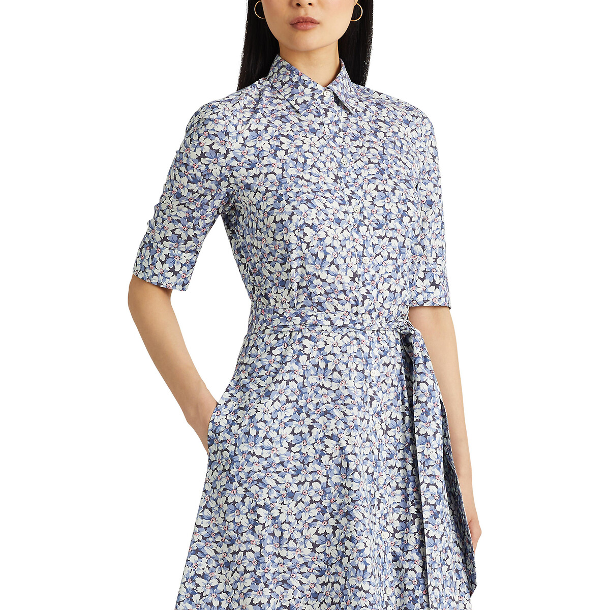 Платье-блузка С принтом и короткими рукавами 46 синий