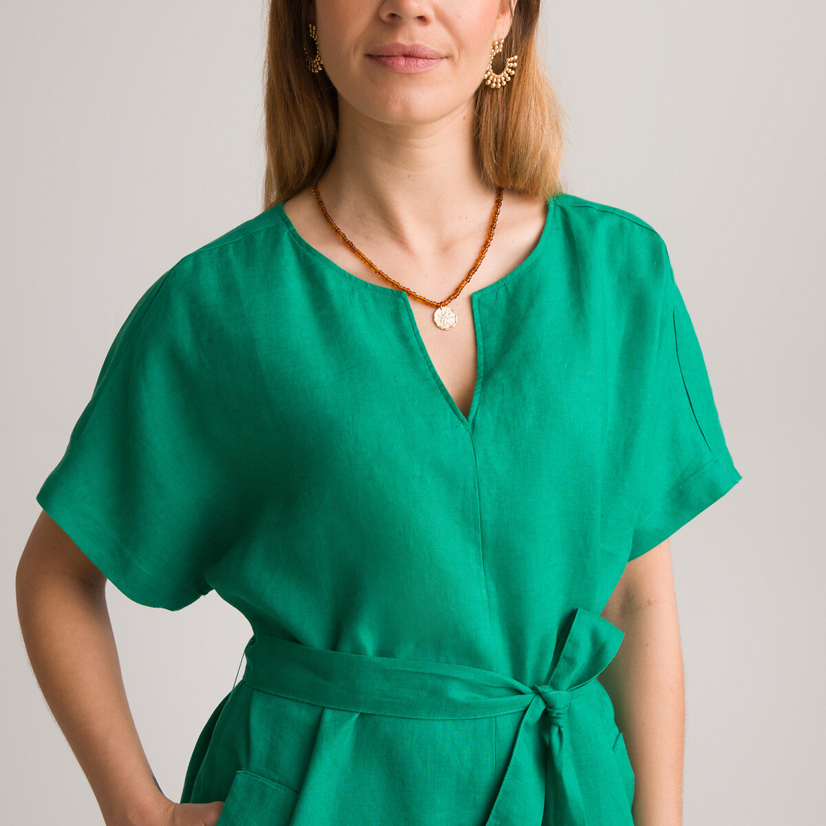 Прямое Платье из льна до колен с короткими рукавами 52 зеленый LaRedoute, размер 52 - фото 3