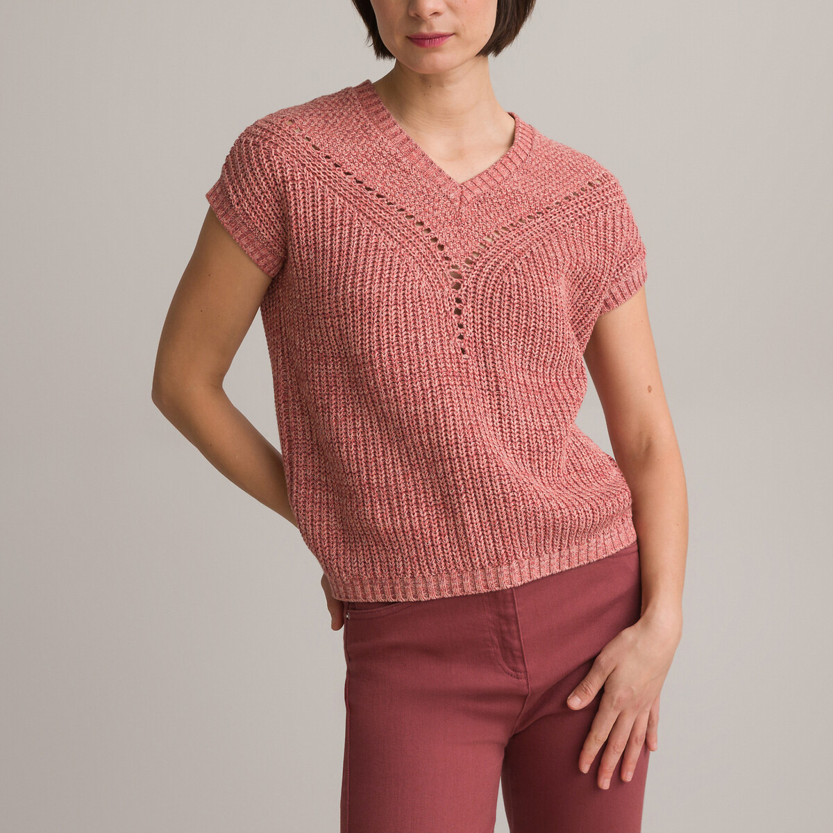 Пуловер из тонкого трикотажа с V-образным вырезом 50/52 (FR) - 56/58 (RUS) розовый