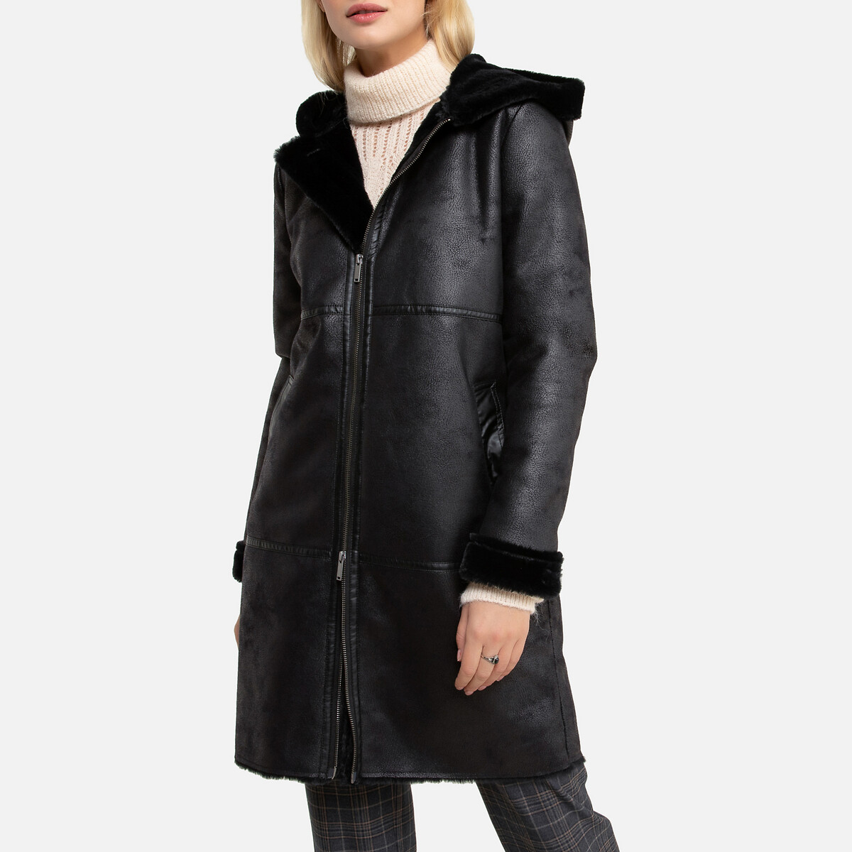 Пальто LaRedoute Длинное с капюшоном и застежкой на молнию 54 (FR) - 60 (RUS) черный, размер 54 (FR) - 60 (RUS)