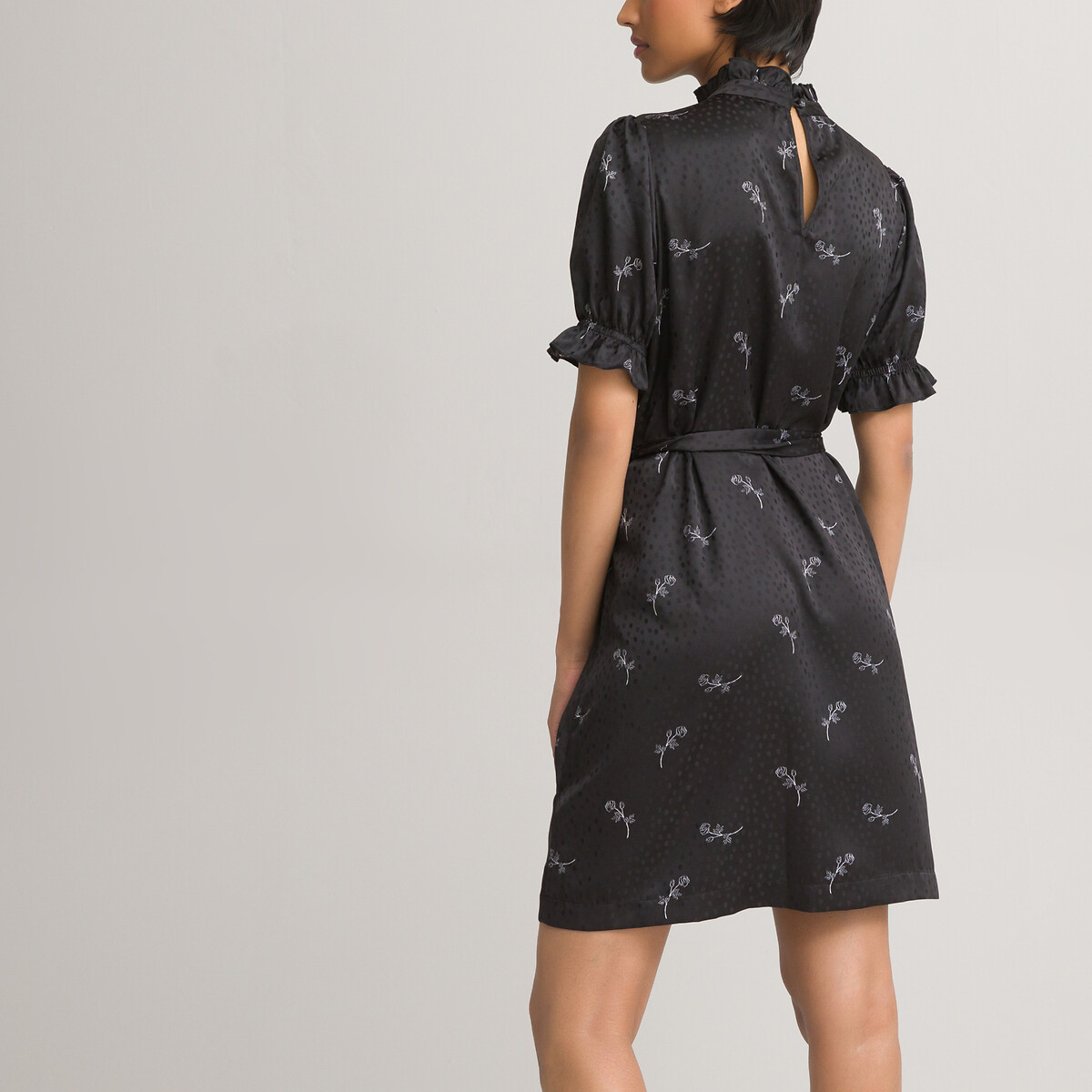 Платье LaRedoute С воротником-стойкой короткие рукава из сатина с принтом 40 черный, размер 40 - фото 4