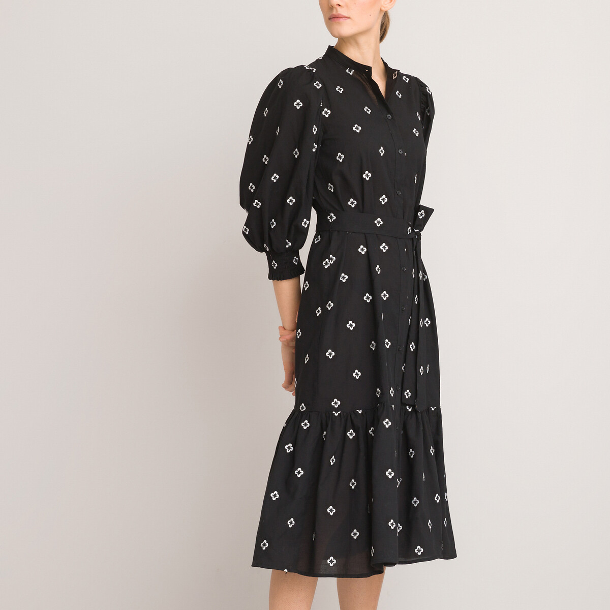 Длинное LA REDOUTE COLLECTIONS Платье с круглым вырезом и рукавами 34 с вышивкой 42 черный, размер 42 - фото 1