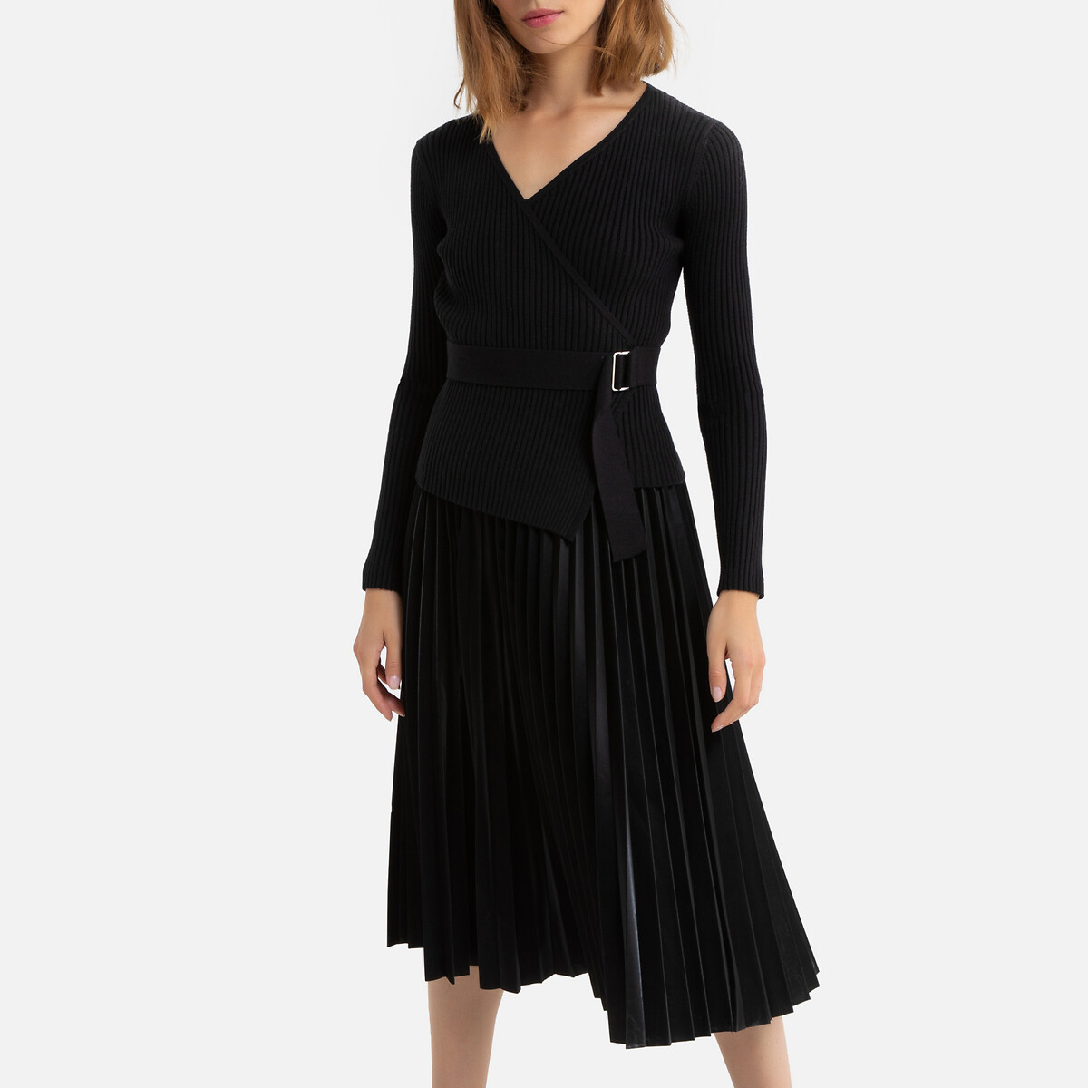 Платье La Redoute Длинное с плиссировкой V-образный вырез пояс с завязками L черный, размер L - фото 1