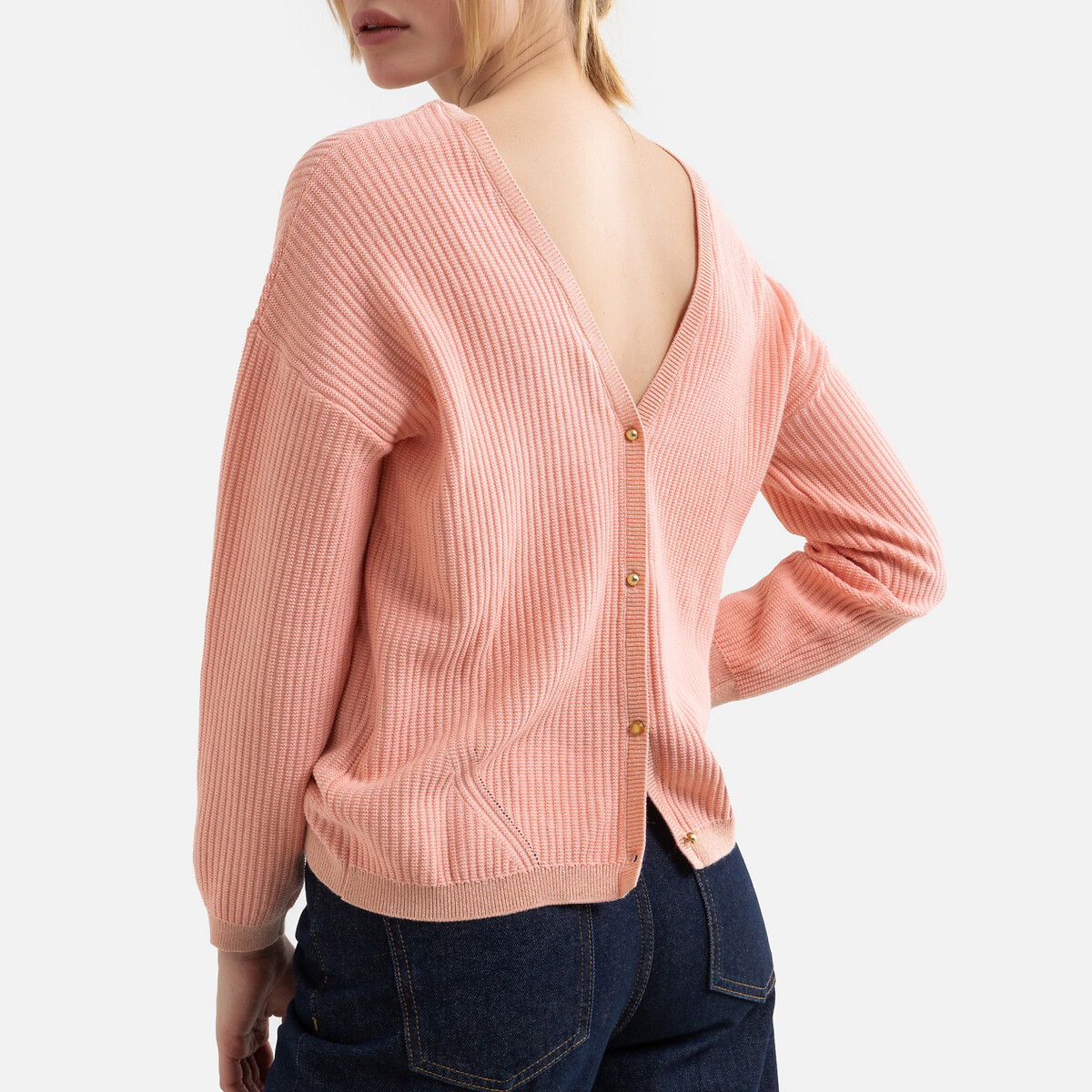 Пуловер LaRedoute С V-образным вырезом из тонкого рифленого трикотажа L розовый, размер L - фото 4