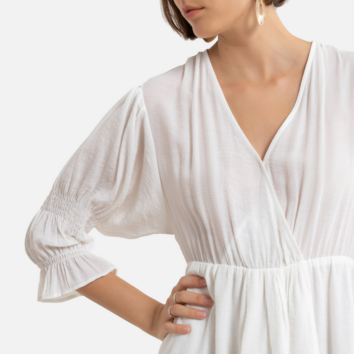 Платье LaRedoute Короткое с V-образным вырезом рукава 34 2(M) белый, размер 2(M) Короткое с V-образным вырезом рукава 34 2(M) белый - фото 3