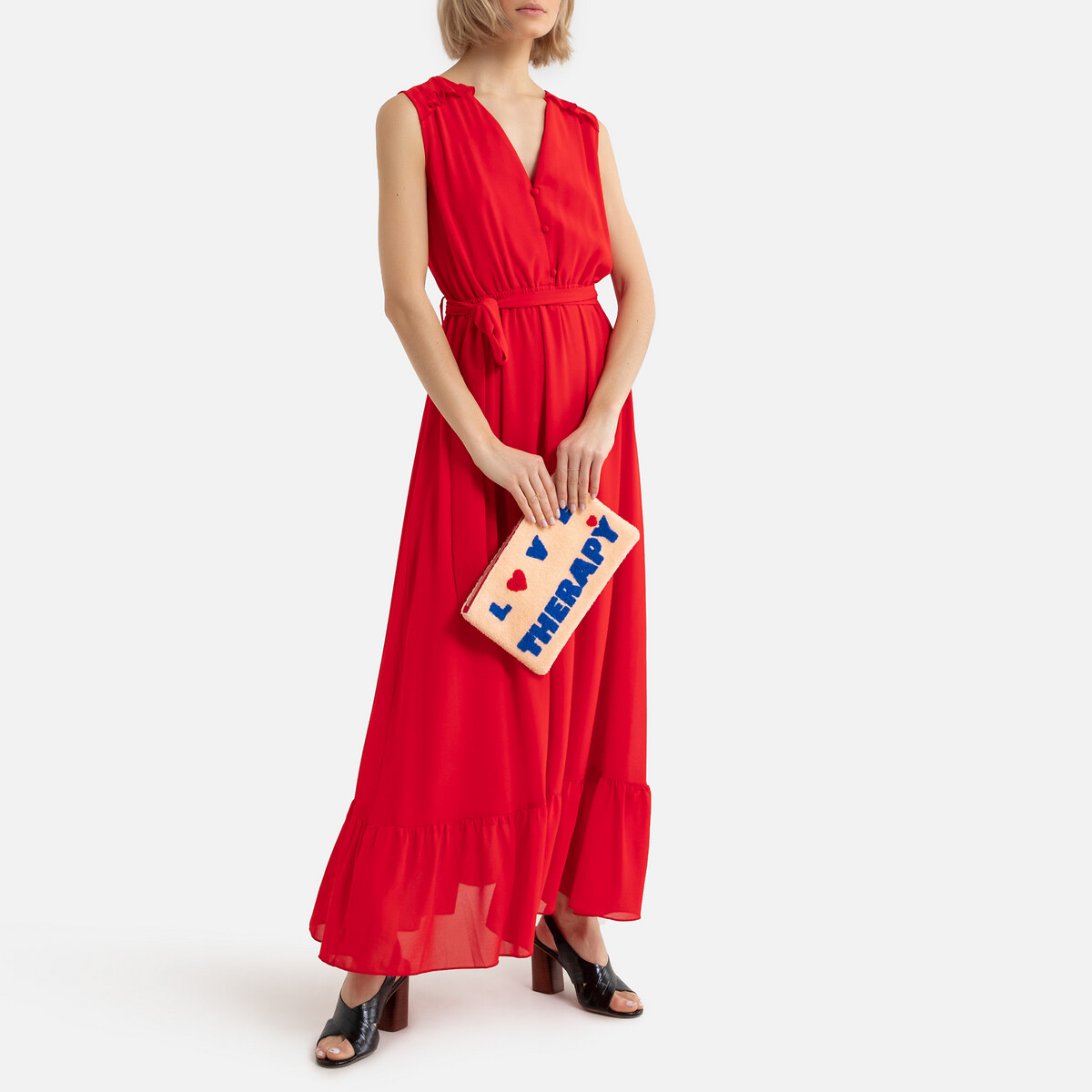 Платье LaRedoute Длинное с воланами пуговицами с ремешком M красный, размер M - фото 1