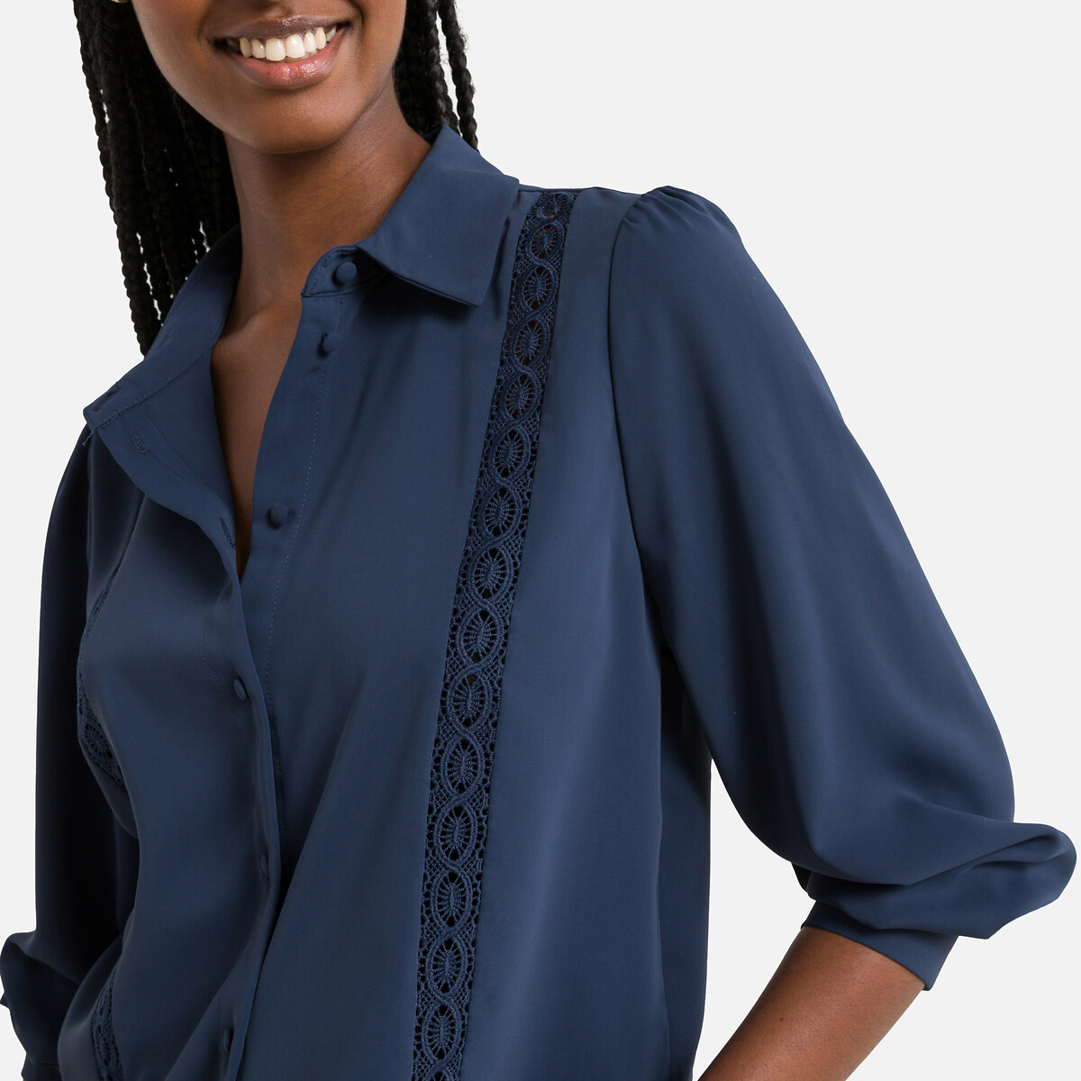 Рубашка Длинные рукава вставка из кружева S синий LaRedoute, размер S - фото 3
