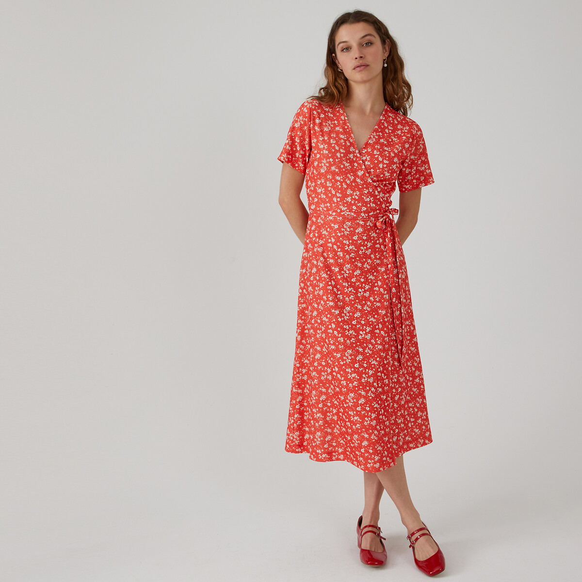 Платье с запахом с цветочным принтом длина миди 34  XS красный LaRedoute, размер XS - фото 1