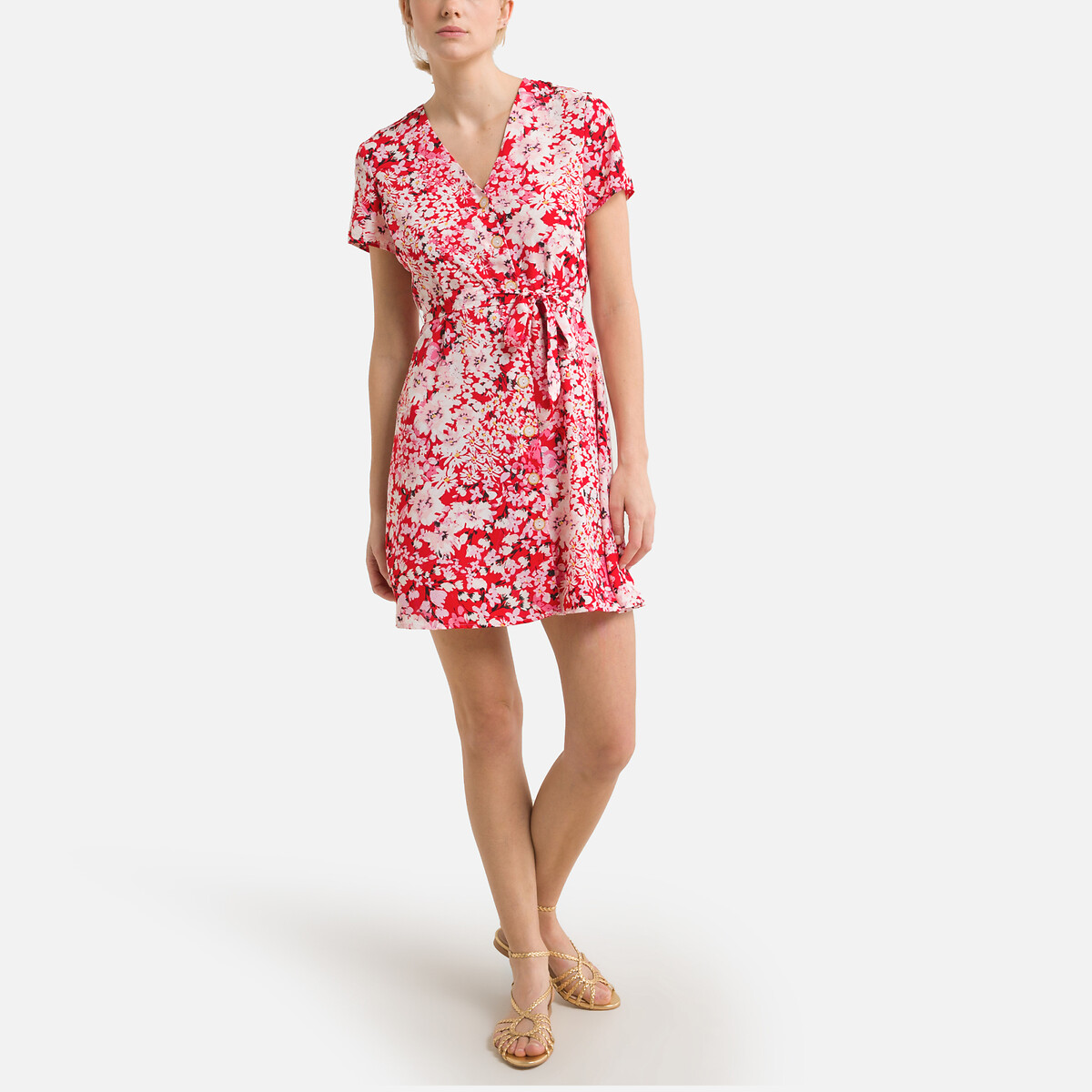 Платье ONLY С цветочным принтом короткое V-образный принт M красный, размер M - фото 2