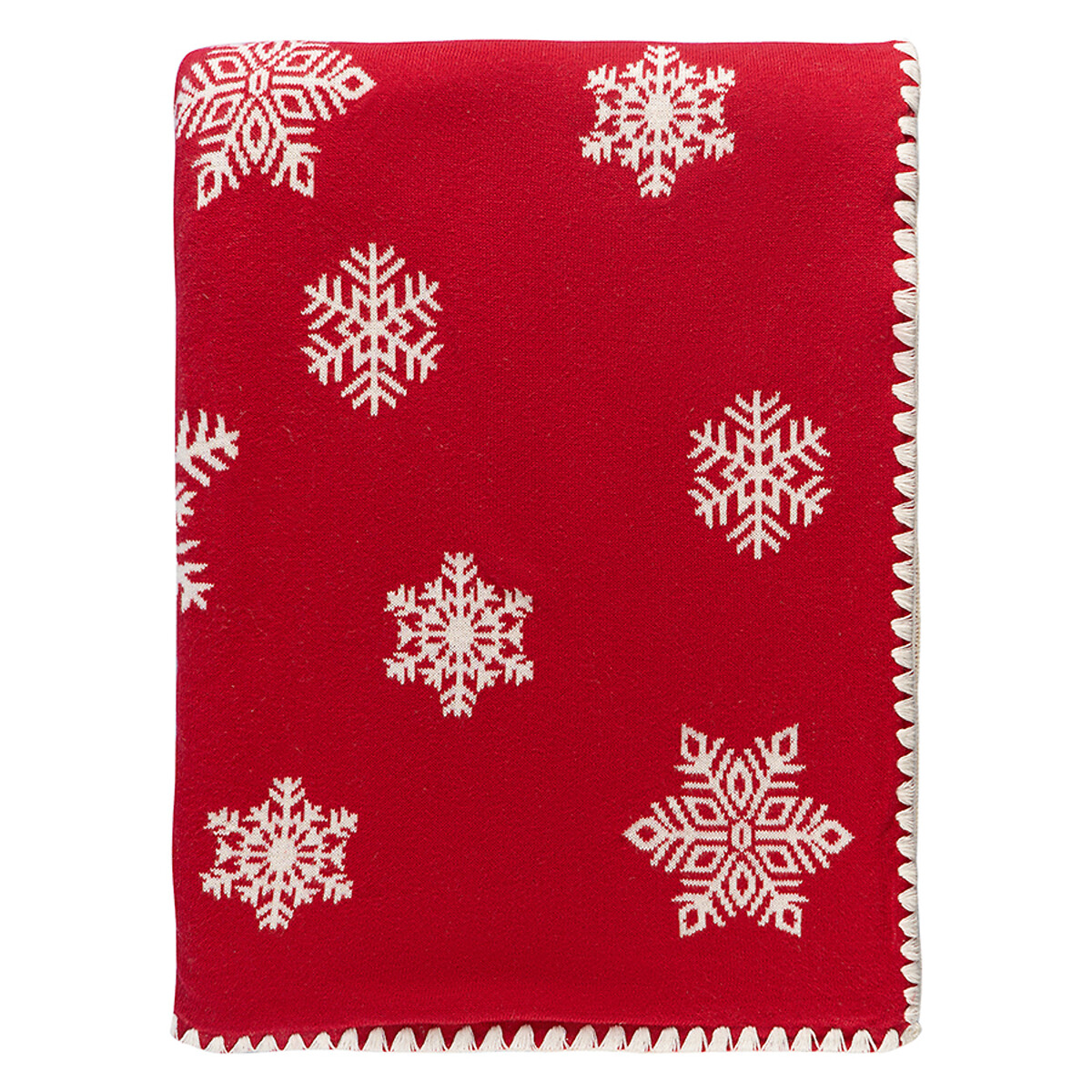 Плед из хлопка с новогодним рисунком Fluffy snowflakes из коллекции New Year Essential 130х180 см  130 x 180 см красный LaRedoute, размер 130 x 180 см - фото 1